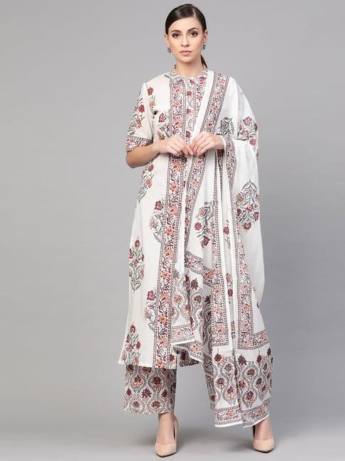 idalia white cotton floral print kurta palazzo set with dupatta