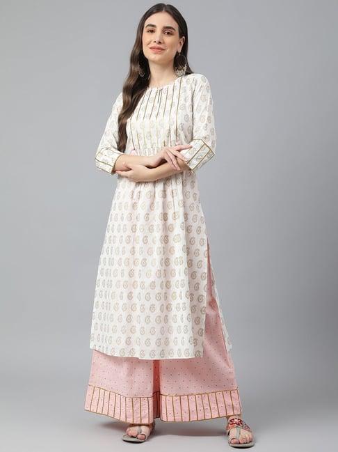 idalia white cotton printed kurta palazzo set