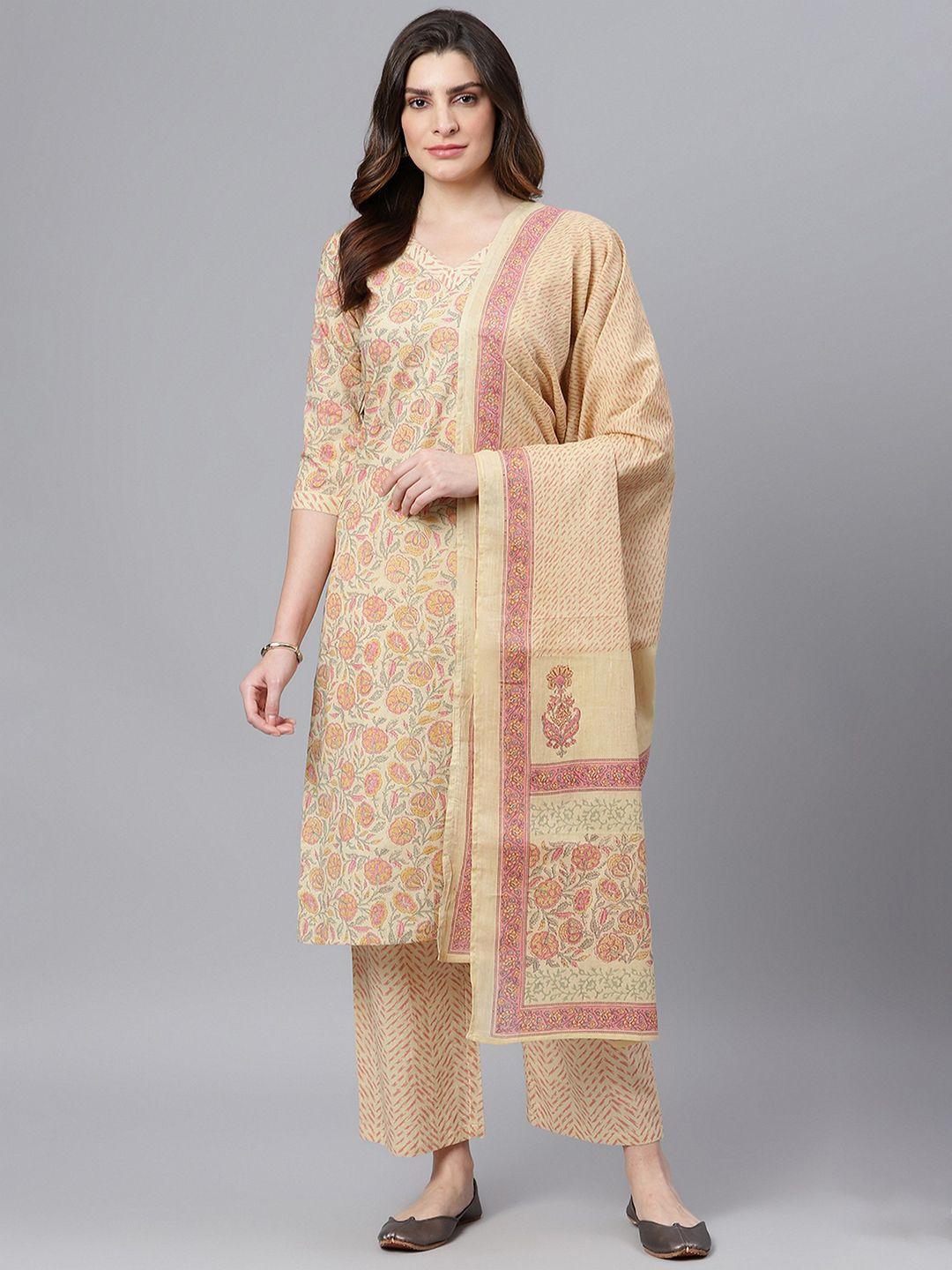 idalia women beige ethnic motifs printed pure cotton kurta with palazzos & dupatta