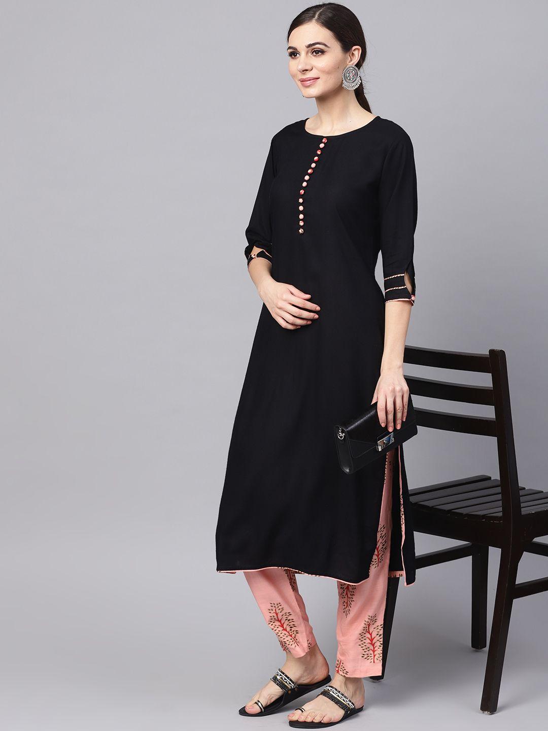 idalia women black & peach-coloured solid kurta with palazzos