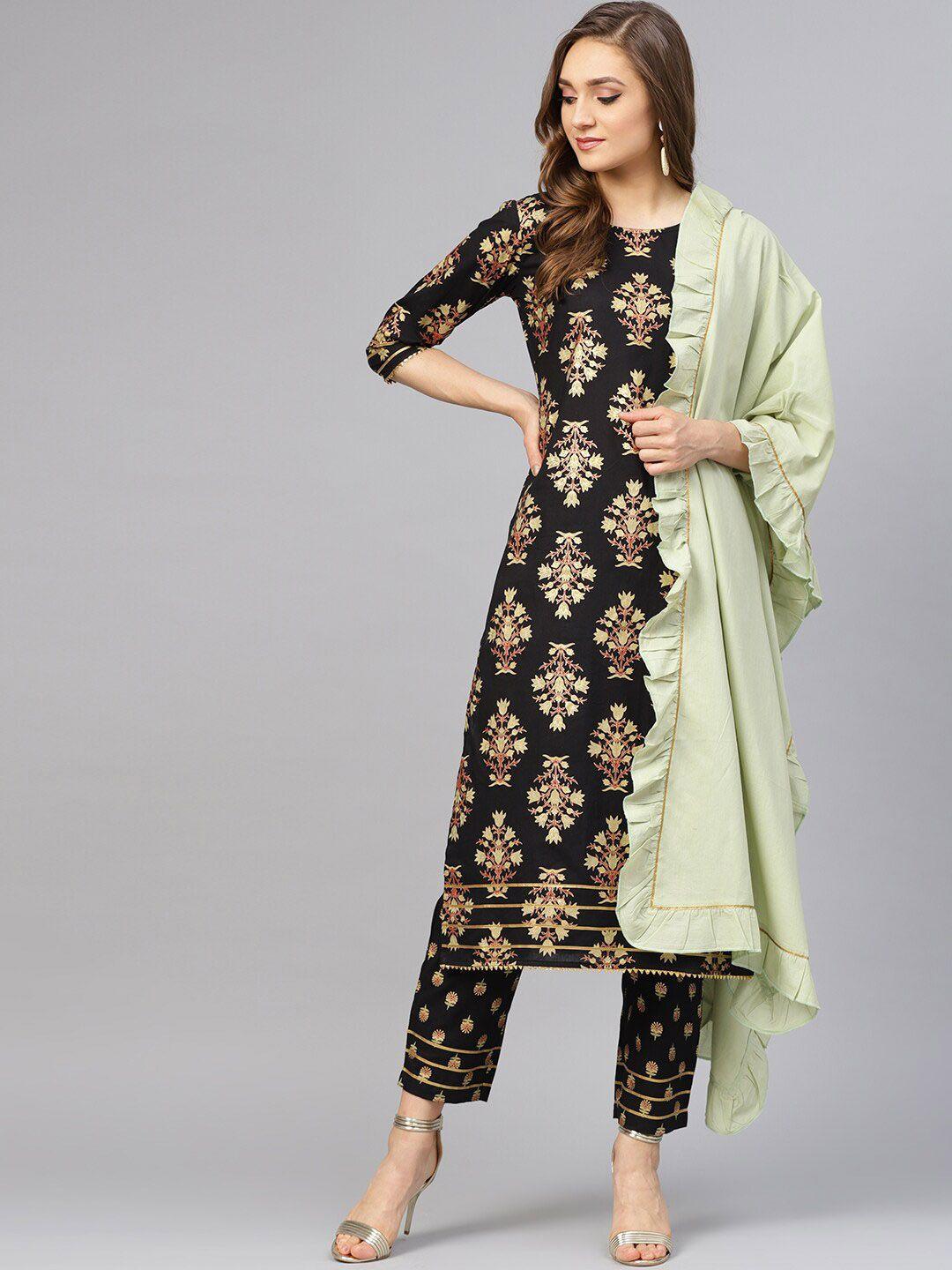 idalia women black ethnic motifs printed kurta with palazzos & with dupatta