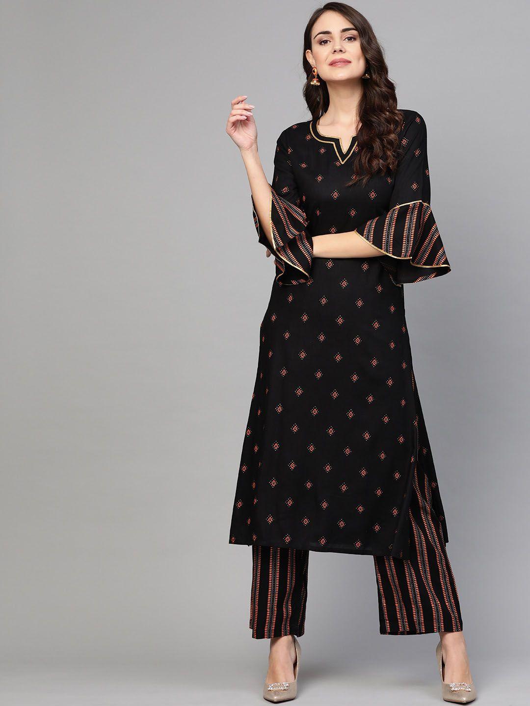 idalia women black printed kurta with palazzos