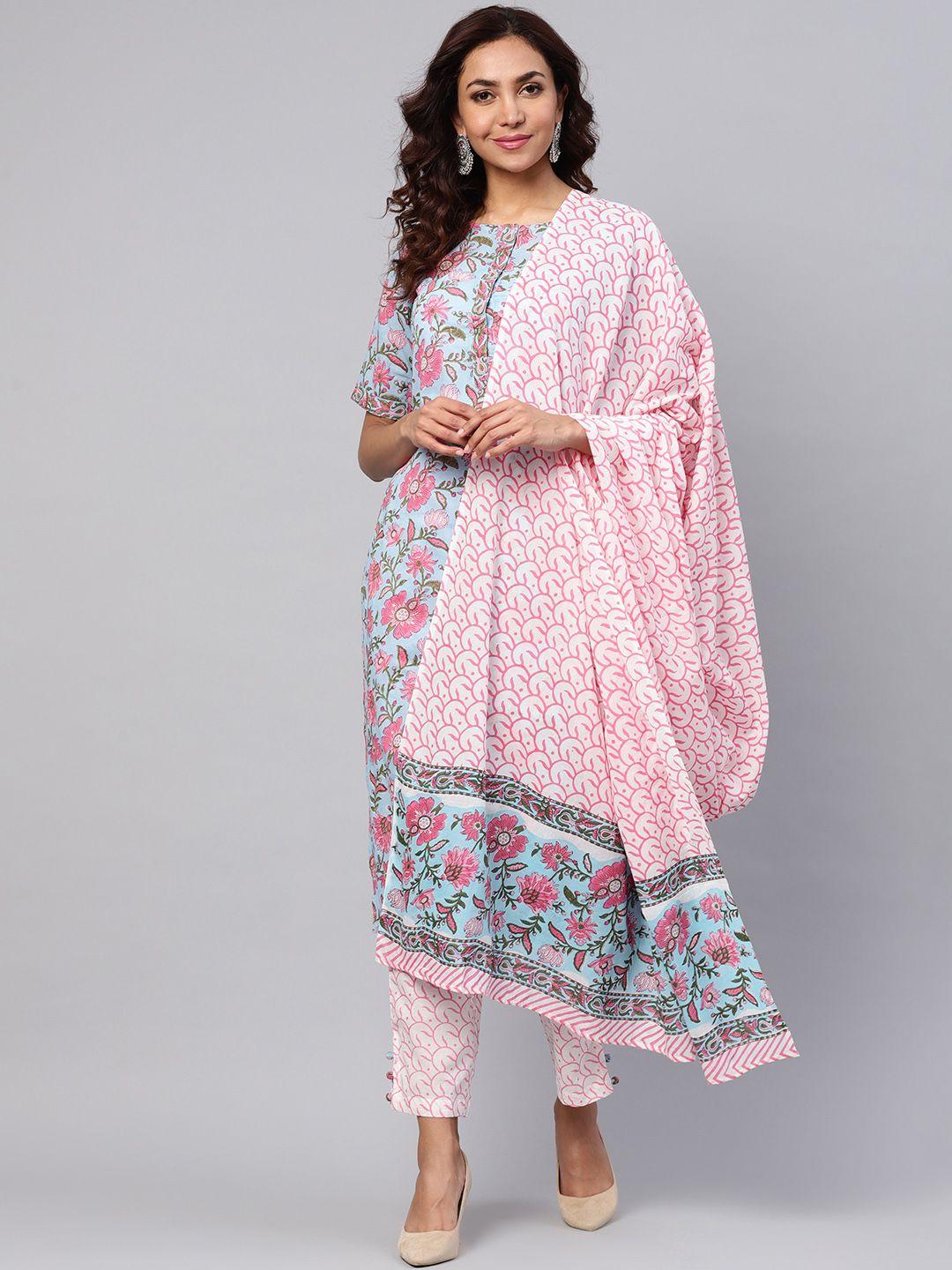 idalia women blue & pink hand block print kurta with trousers & dupatta