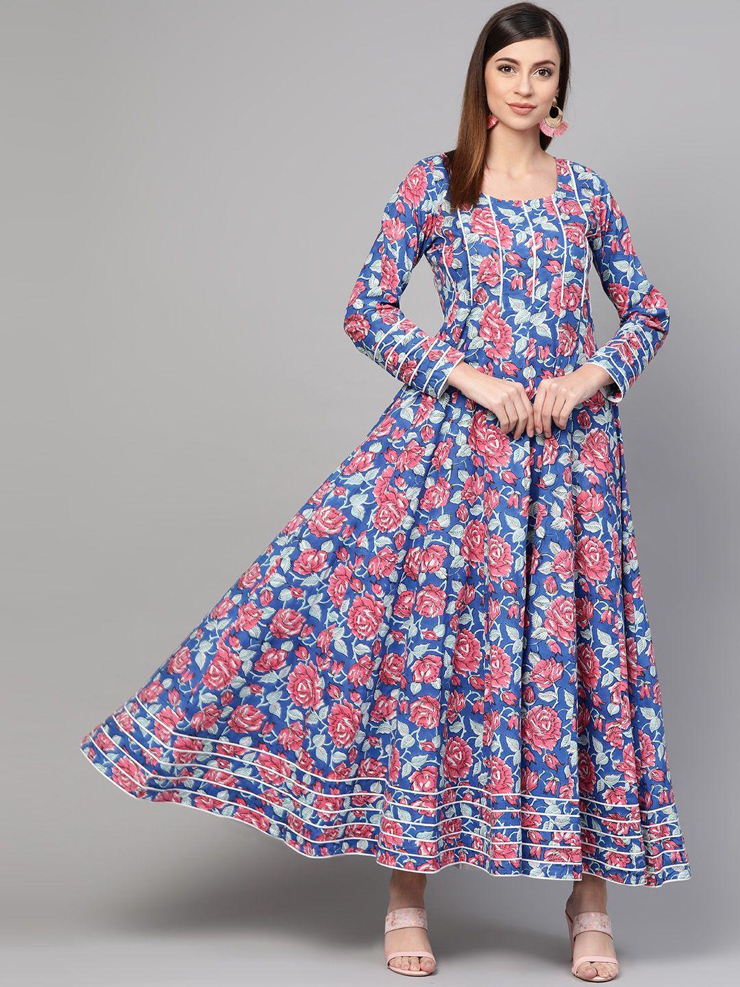 idalia women blue & pink hand block print maxi dress