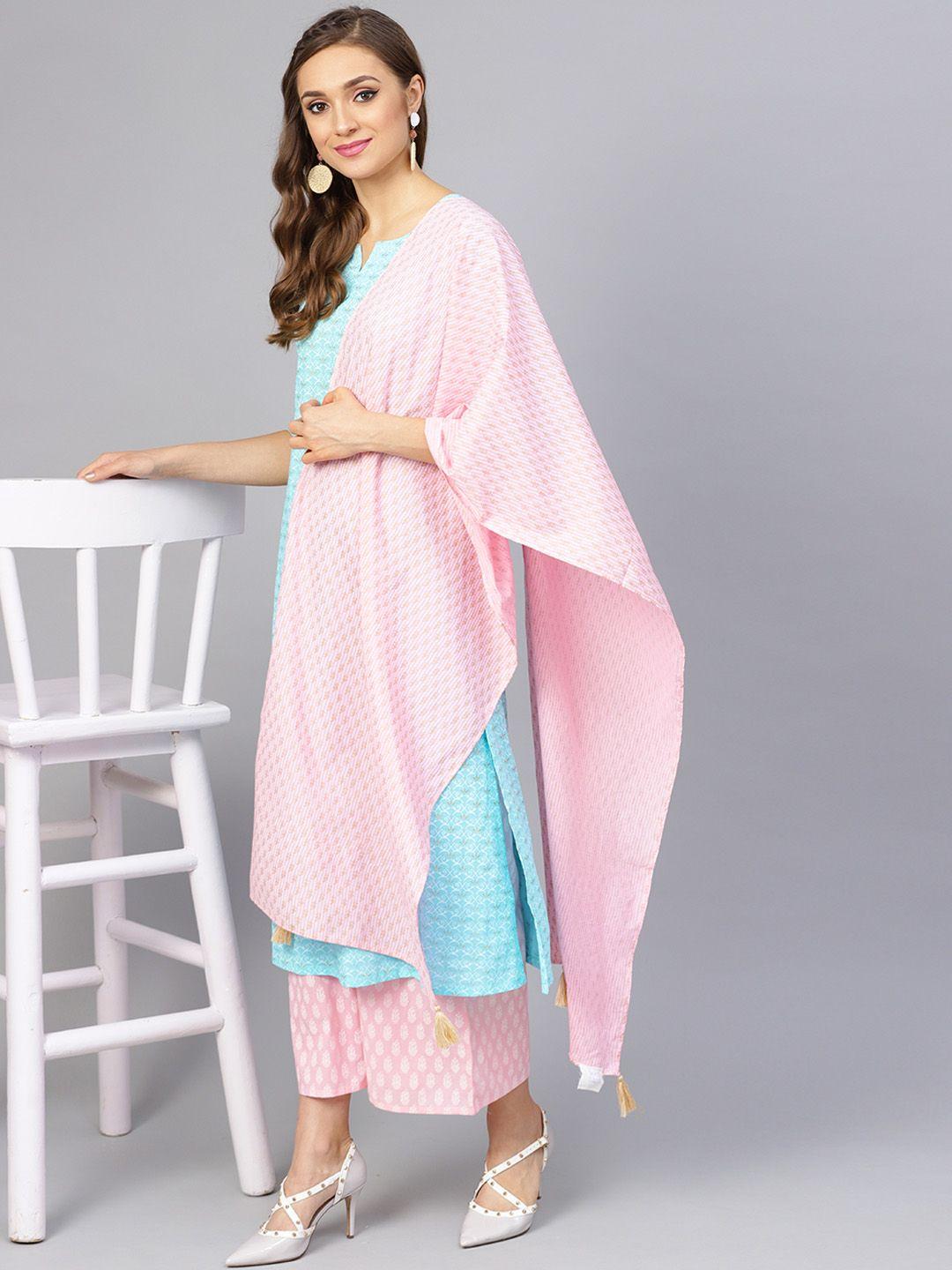 idalia women blue & pink printed kurta with palazzos & dupatta