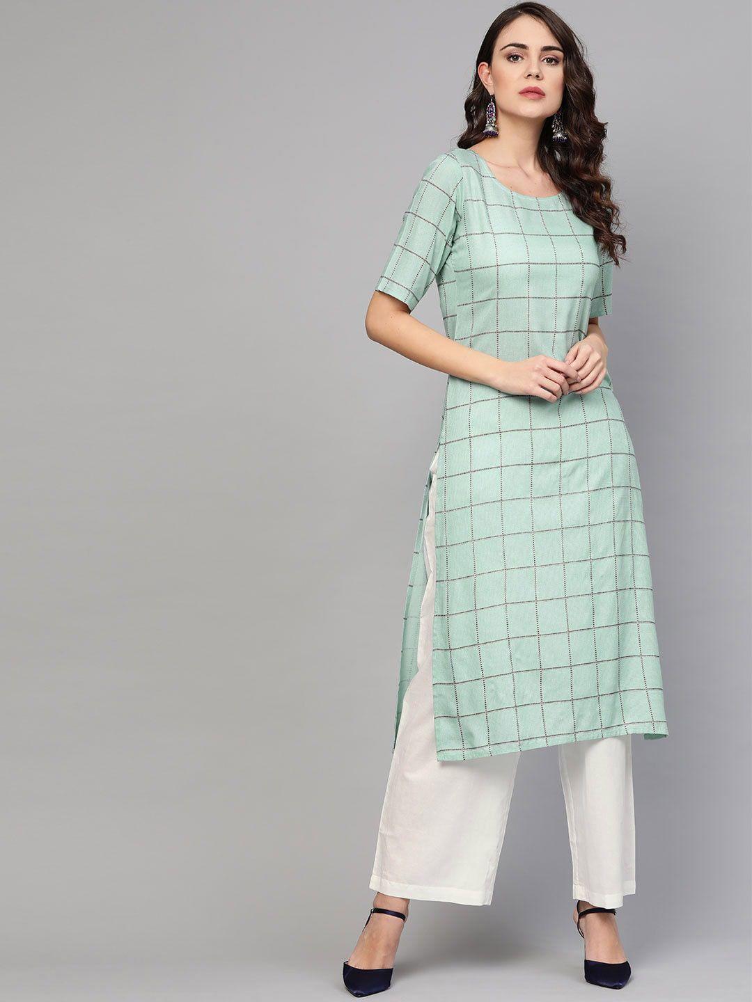 idalia women blue checked kurta with trousers