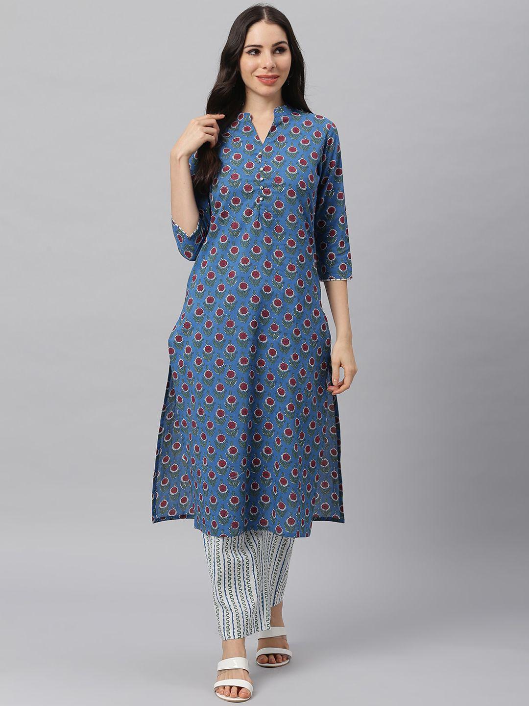 idalia women blue floral printed pure cotton kurta with trousers