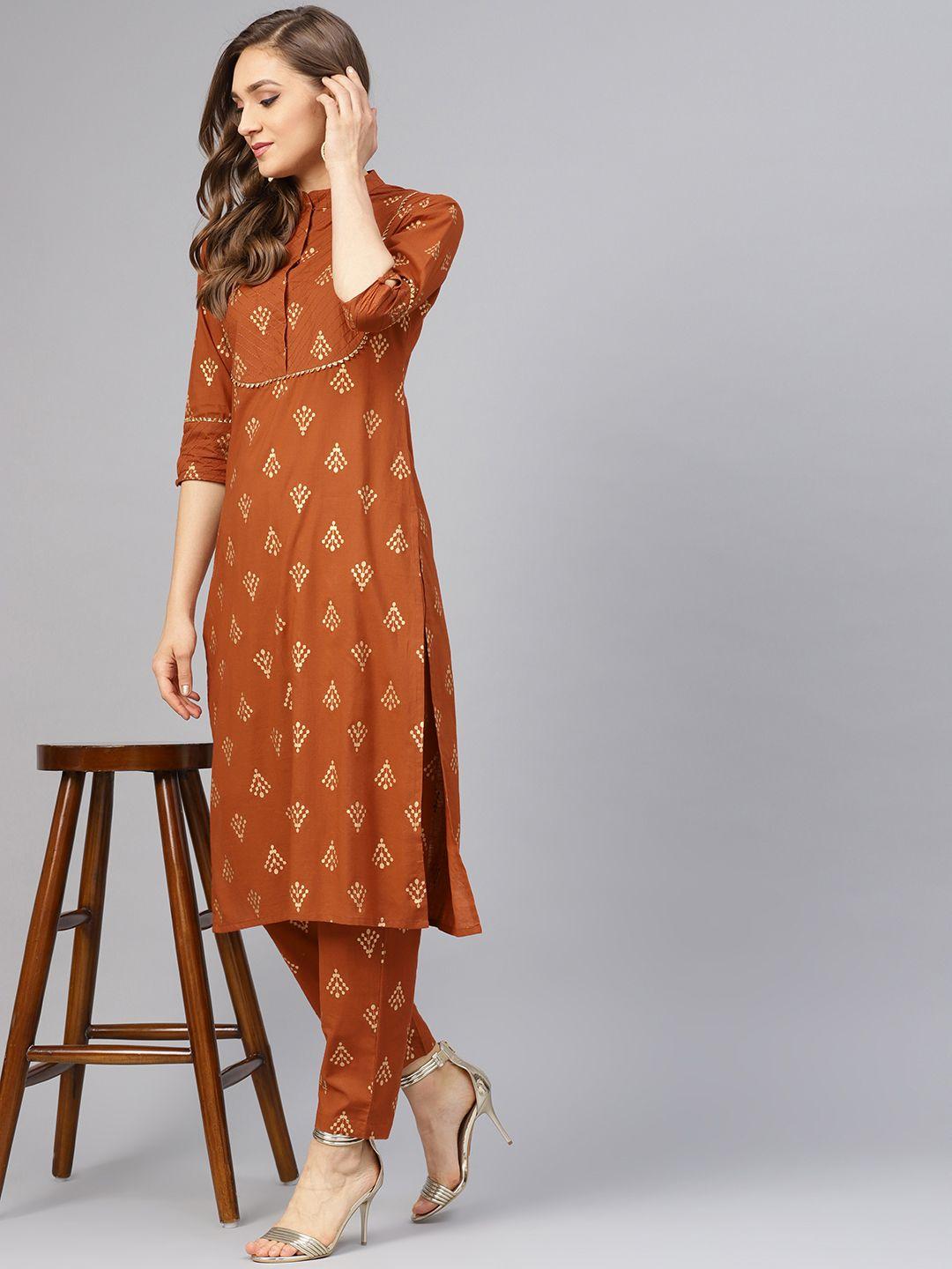 idalia women brown & golden printed kurta with trousers