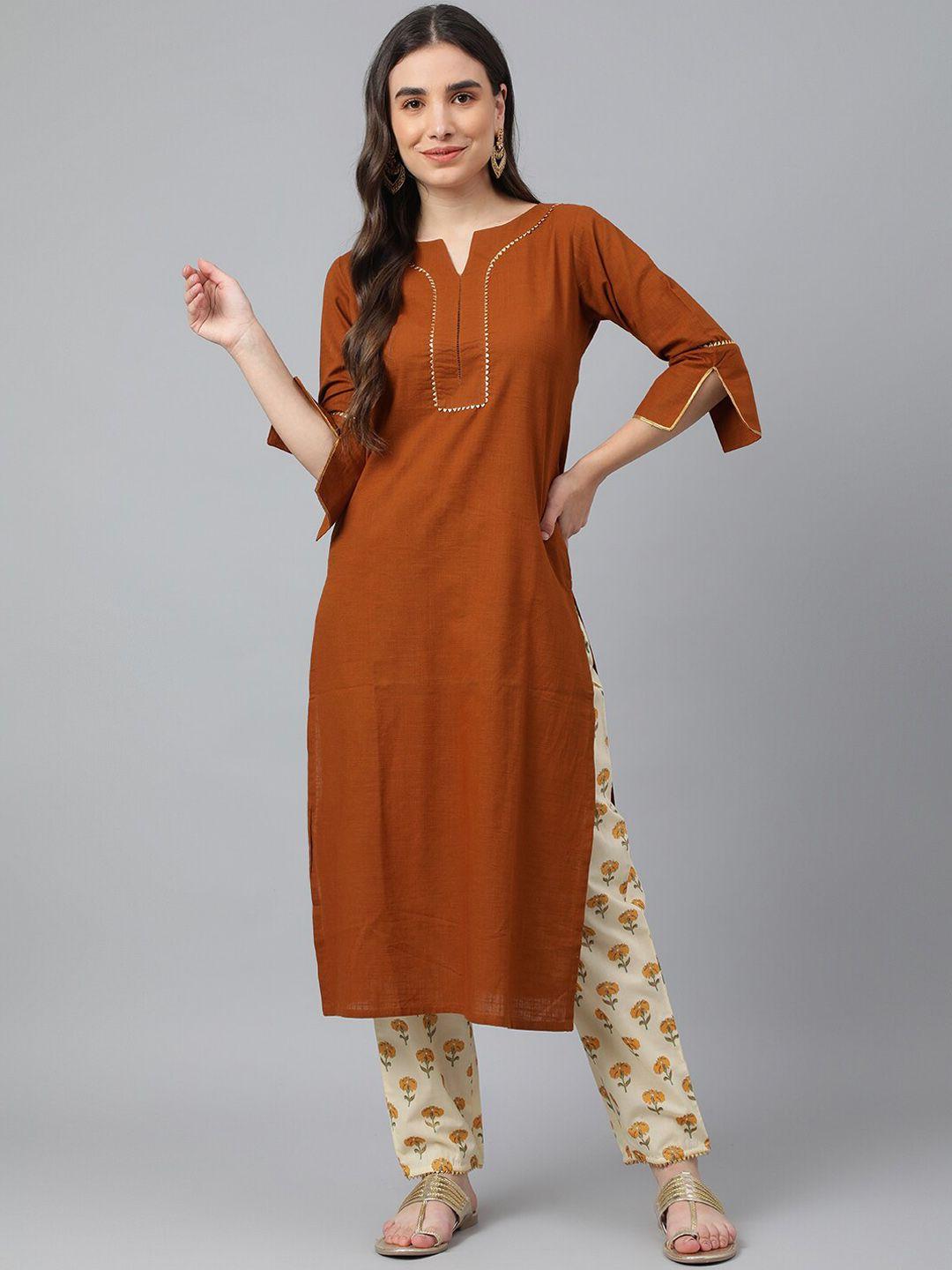 idalia women brown floral cotton kurta with trousers