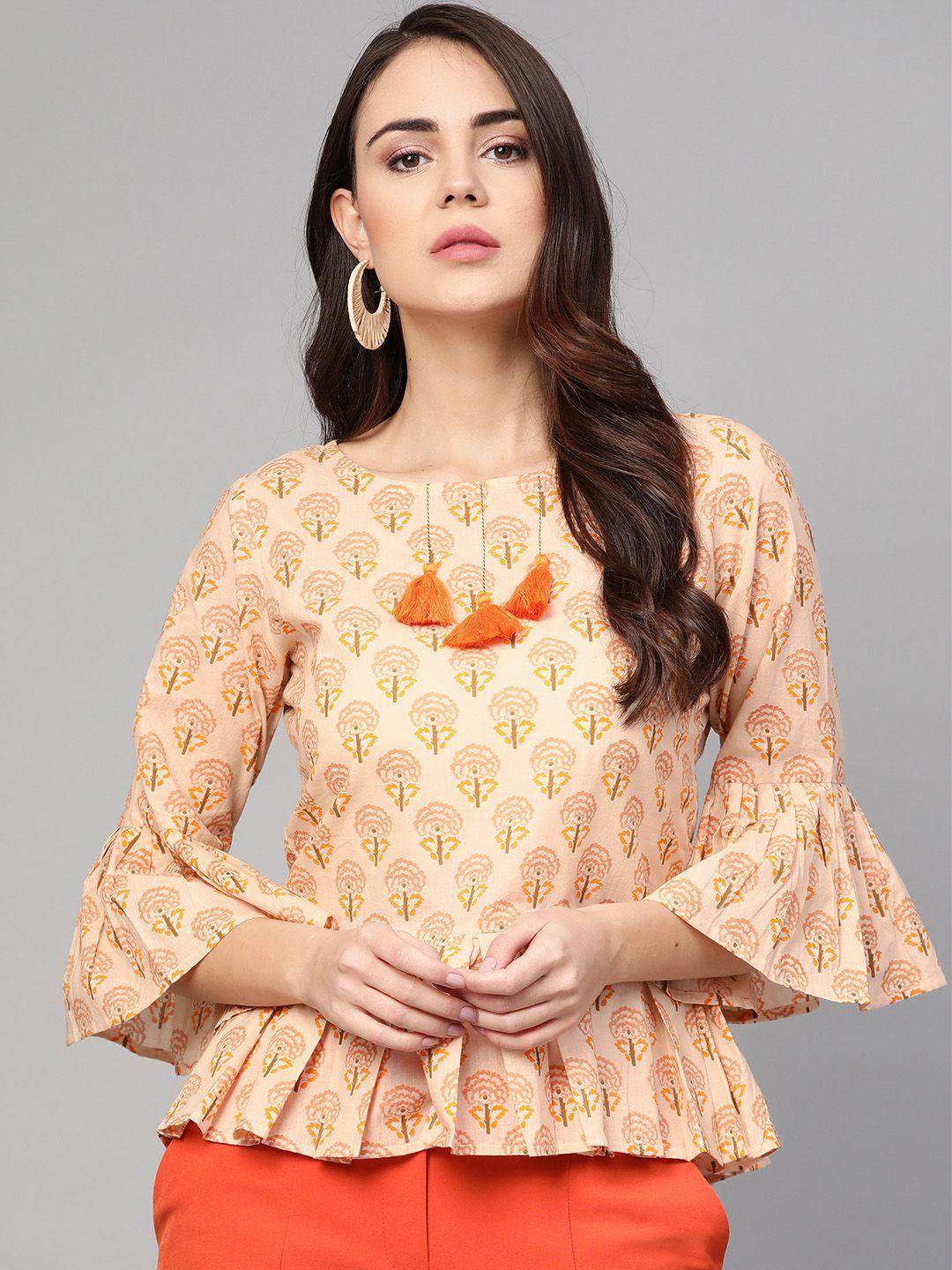 idalia women cream-coloured & orange block printed a-line pure cotton top