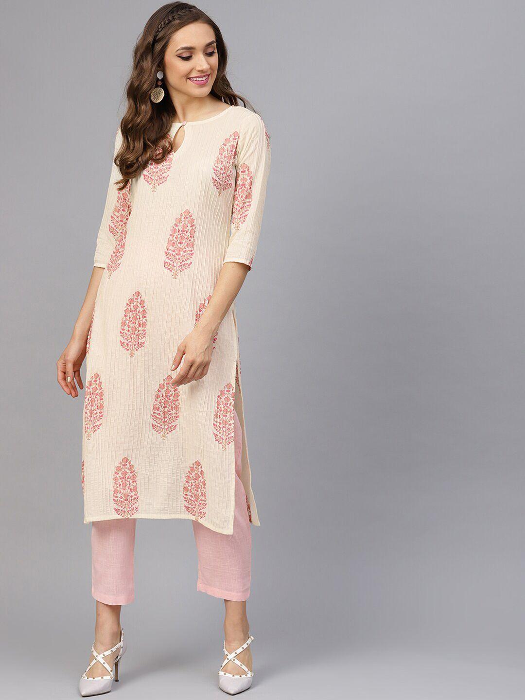 idalia women cream-coloured & pink ethnic motifs printed pure cotton kurta with trousers