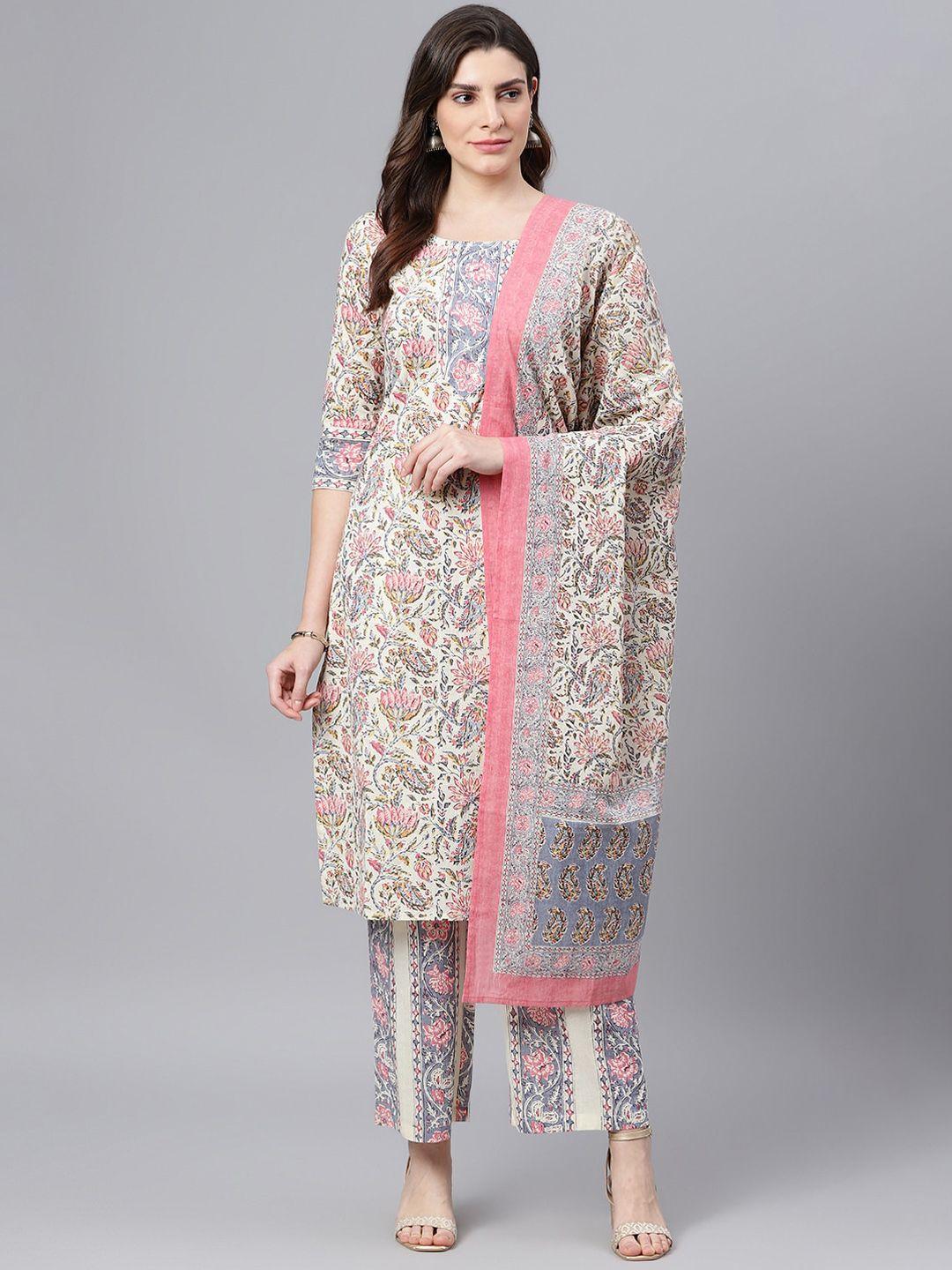 idalia women cream-coloured ethnic motifs printed kurta with palazzos & dupatta