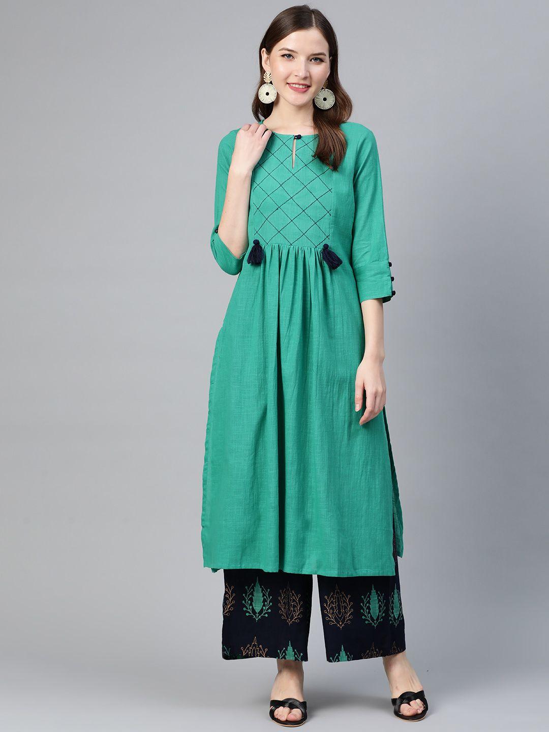 idalia women green & navy blue yoke design kurta with palazzos