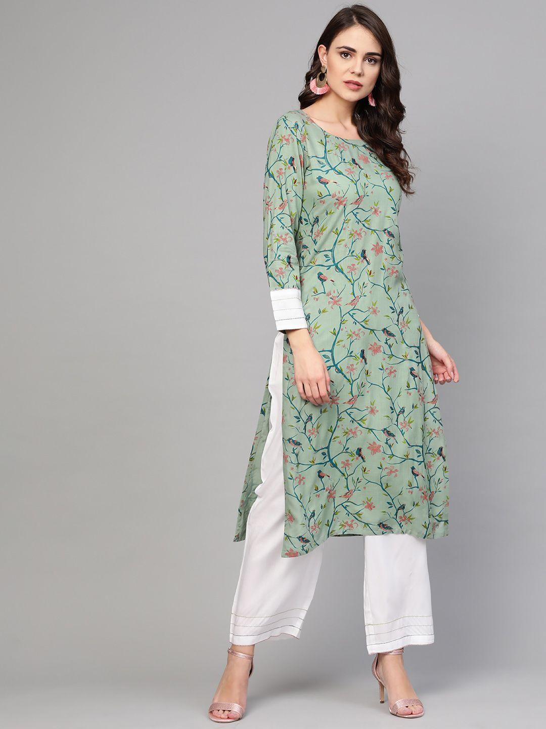 idalia women green & white printed kurta with palazzos