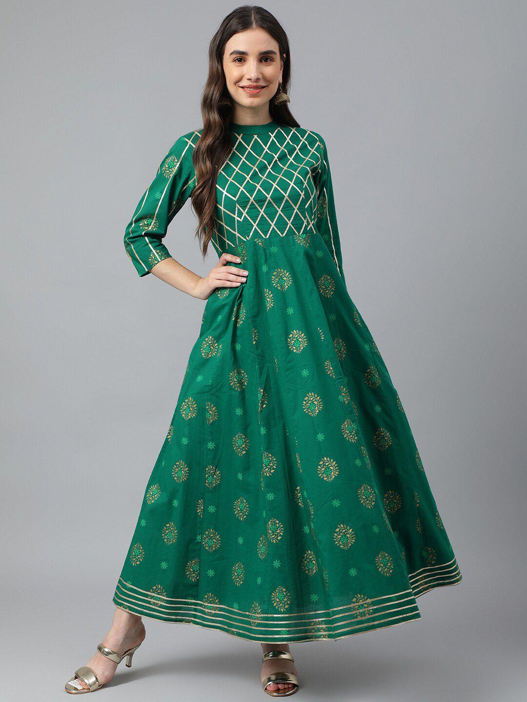 idalia women green geometric thread work anarkali cotton ???????kurta