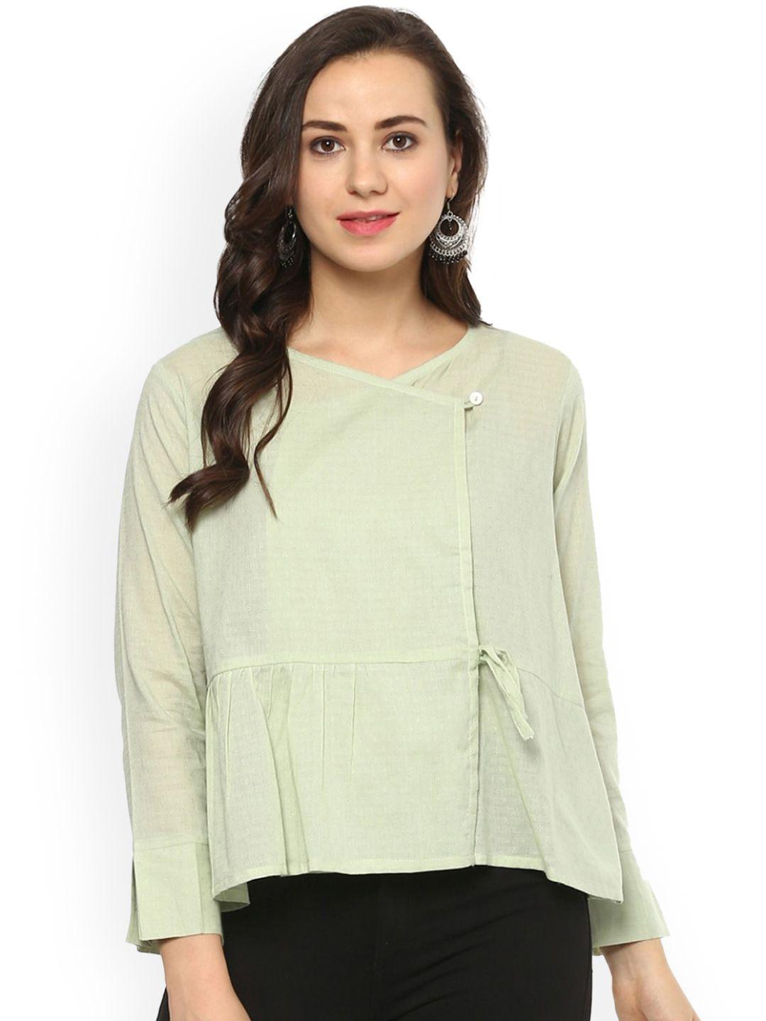 idalia women green solid wrap pure cotton top