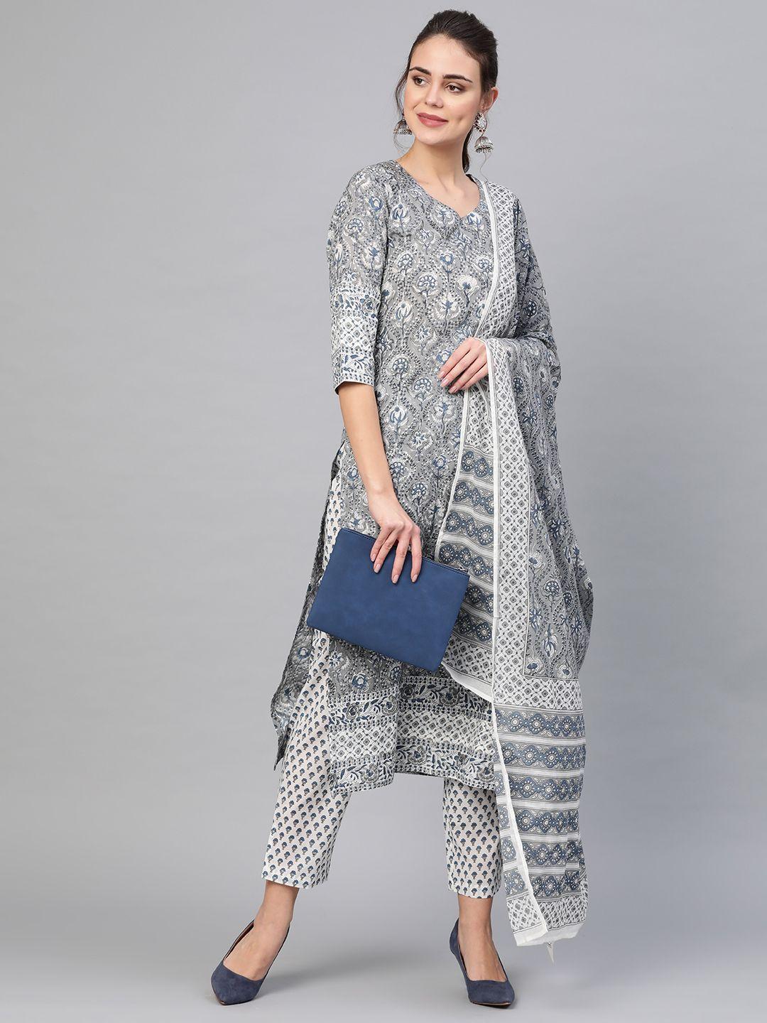 idalia women grey & navy blue printed kurta with trousers & dupatta