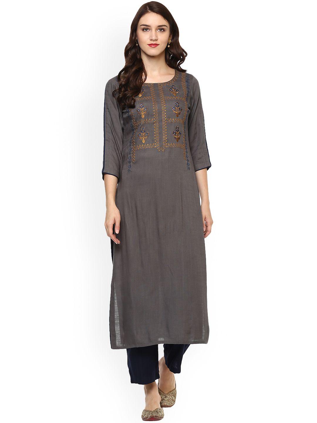 idalia women grey embroidered straight kurta