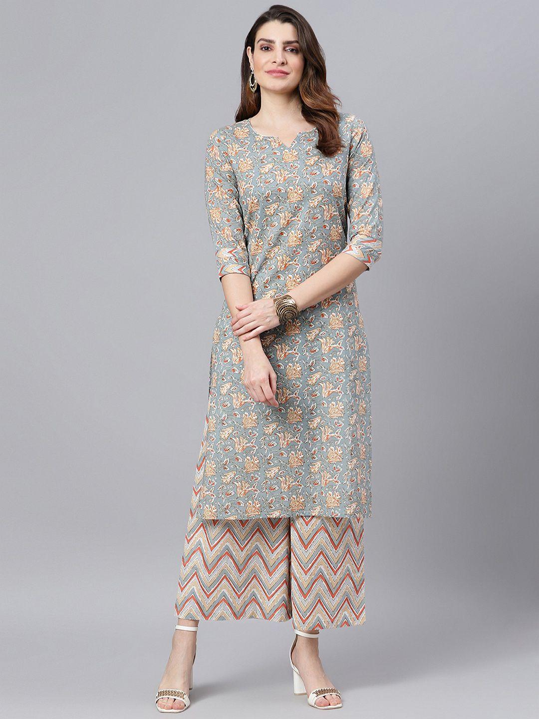 idalia women grey ethnic motifs printed pure cotton kurta with palazzos