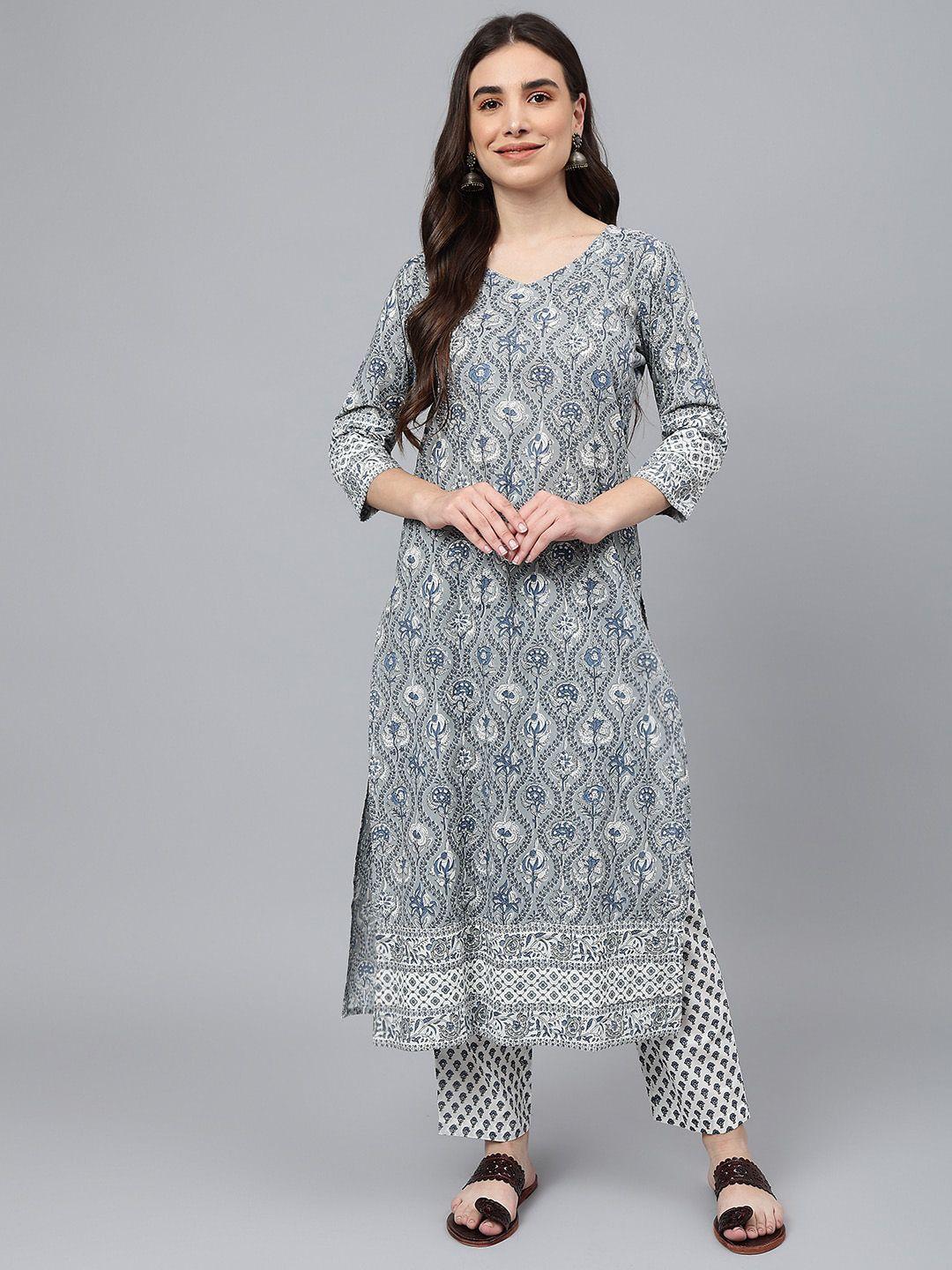 idalia women grey floral printed pure cotton kurta with trousers
