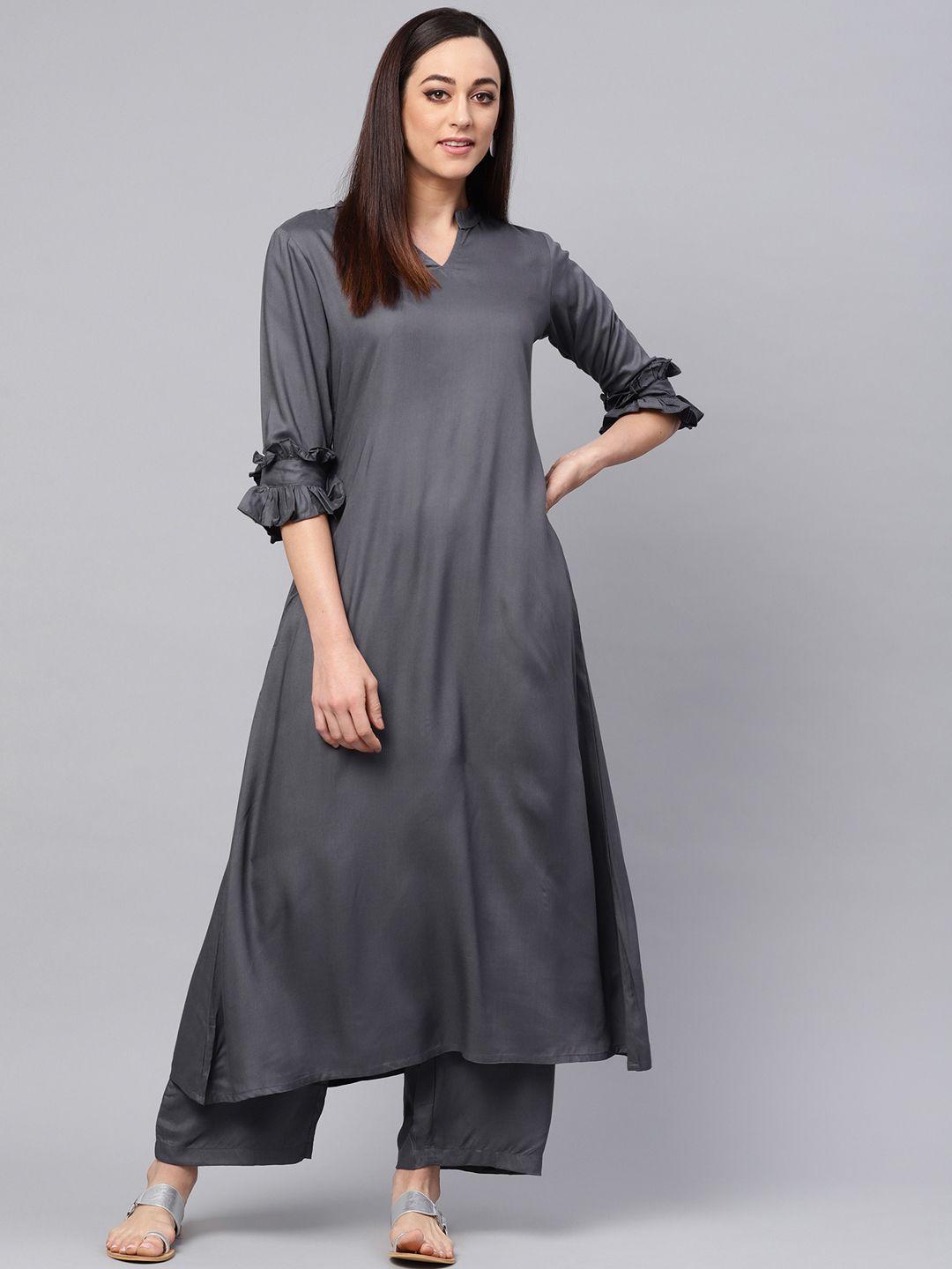 idalia women grey solid kurta with palazzos