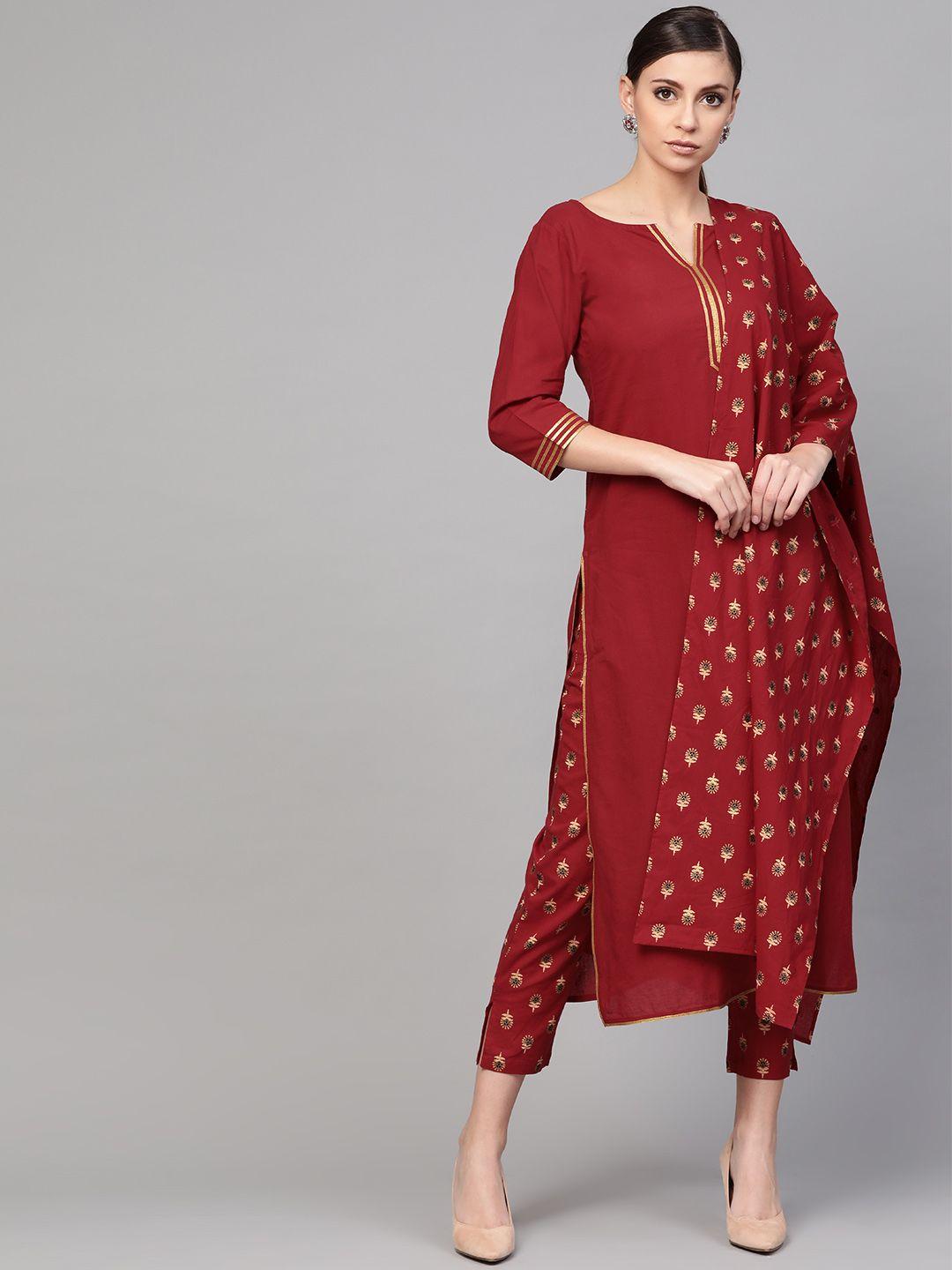 idalia women maroon & beige solid kurta with trousers & dupatta