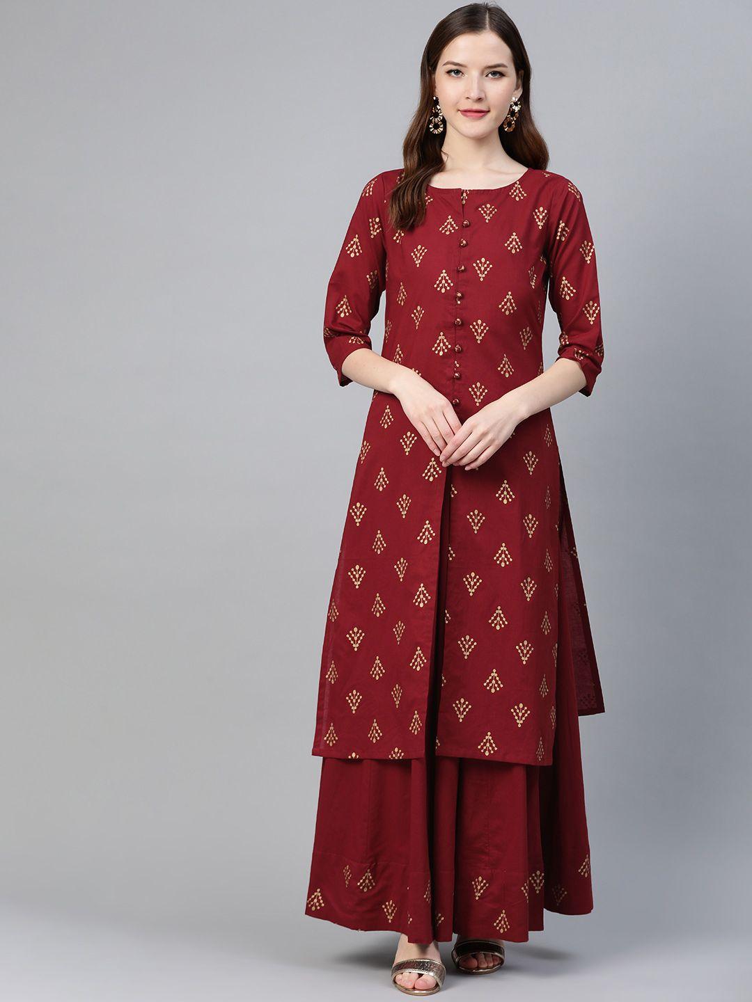 idalia women maroon & golden printed kurta with skirt