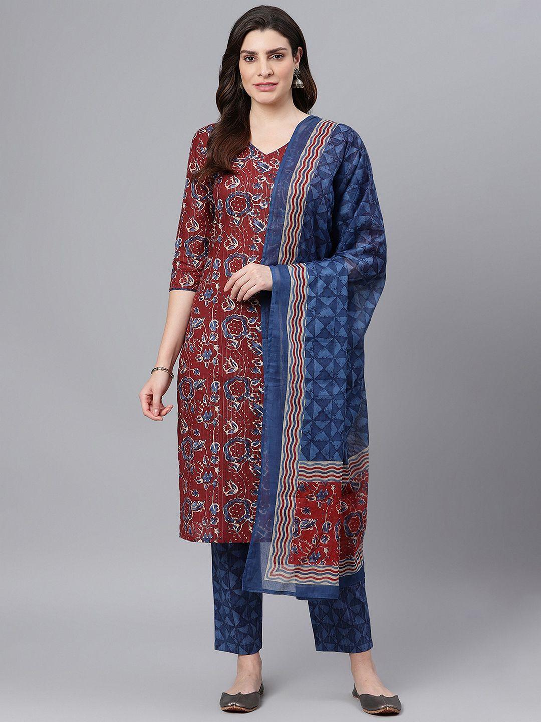 idalia women maroon ethnic motifs printed pure cotton kurta with trousers & dupatta