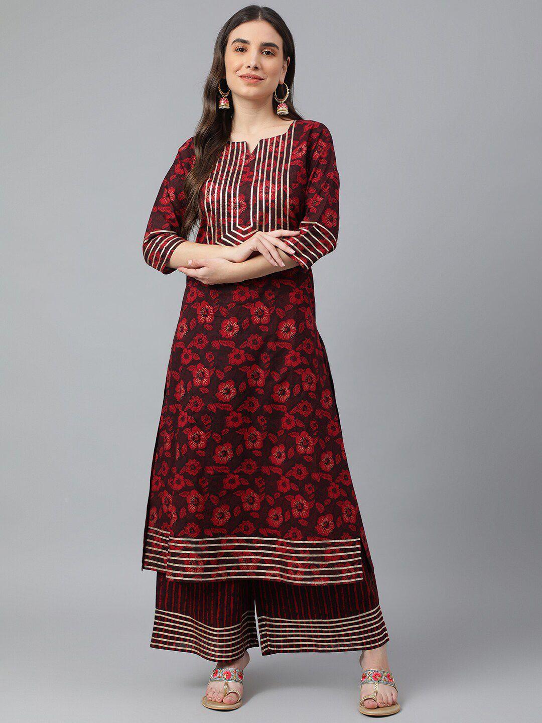 idalia women maroon floral printed pure cotton kurta with palazzos
