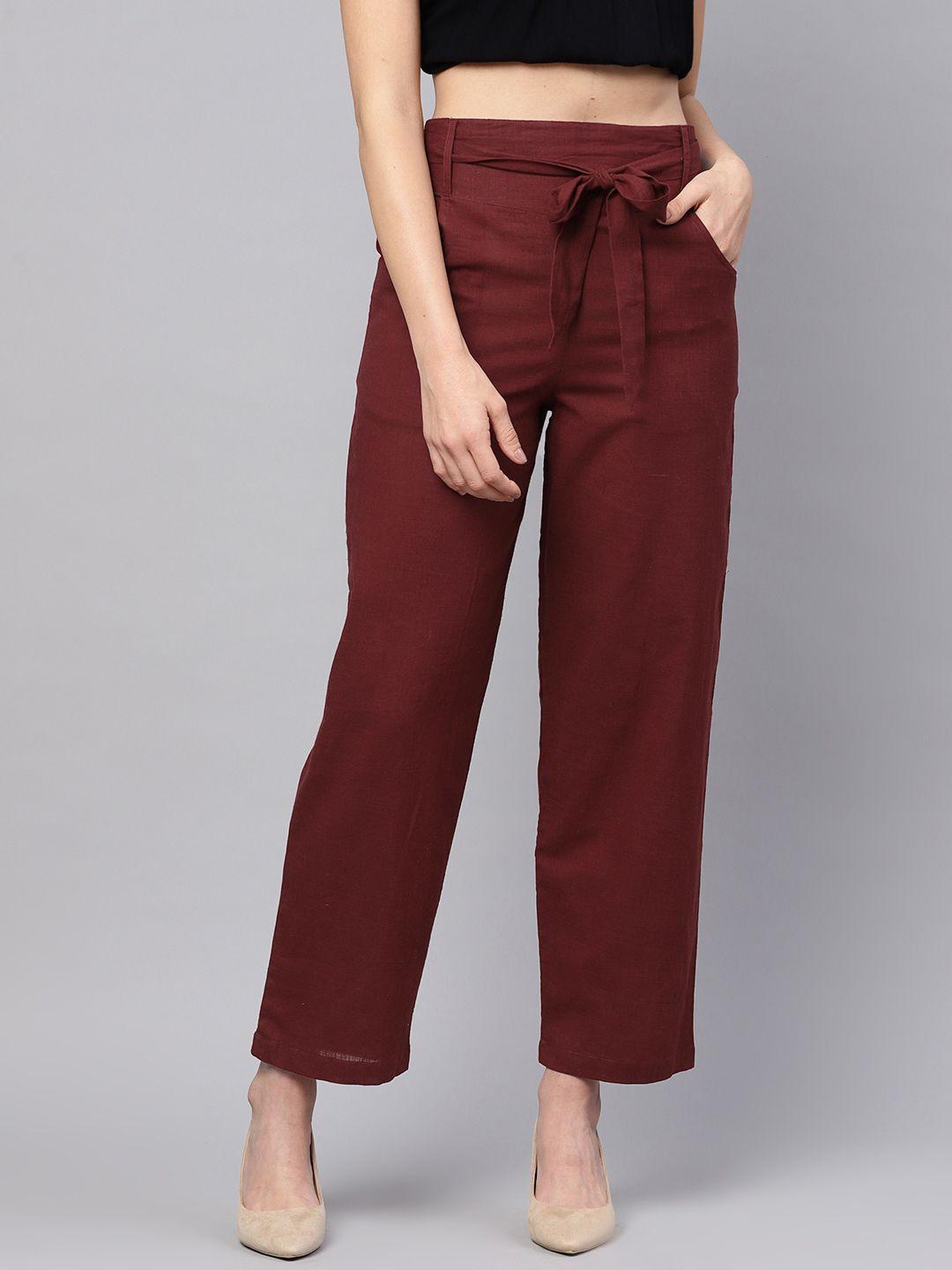 idalia women maroon regular fit solid trousers