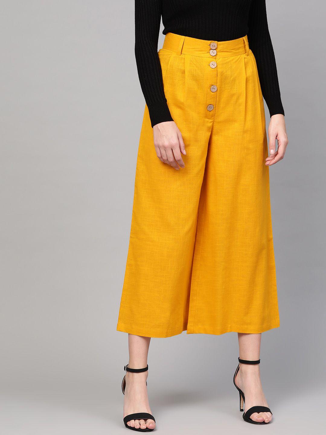 idalia women mustard yellow loose fit solid cropped culottes