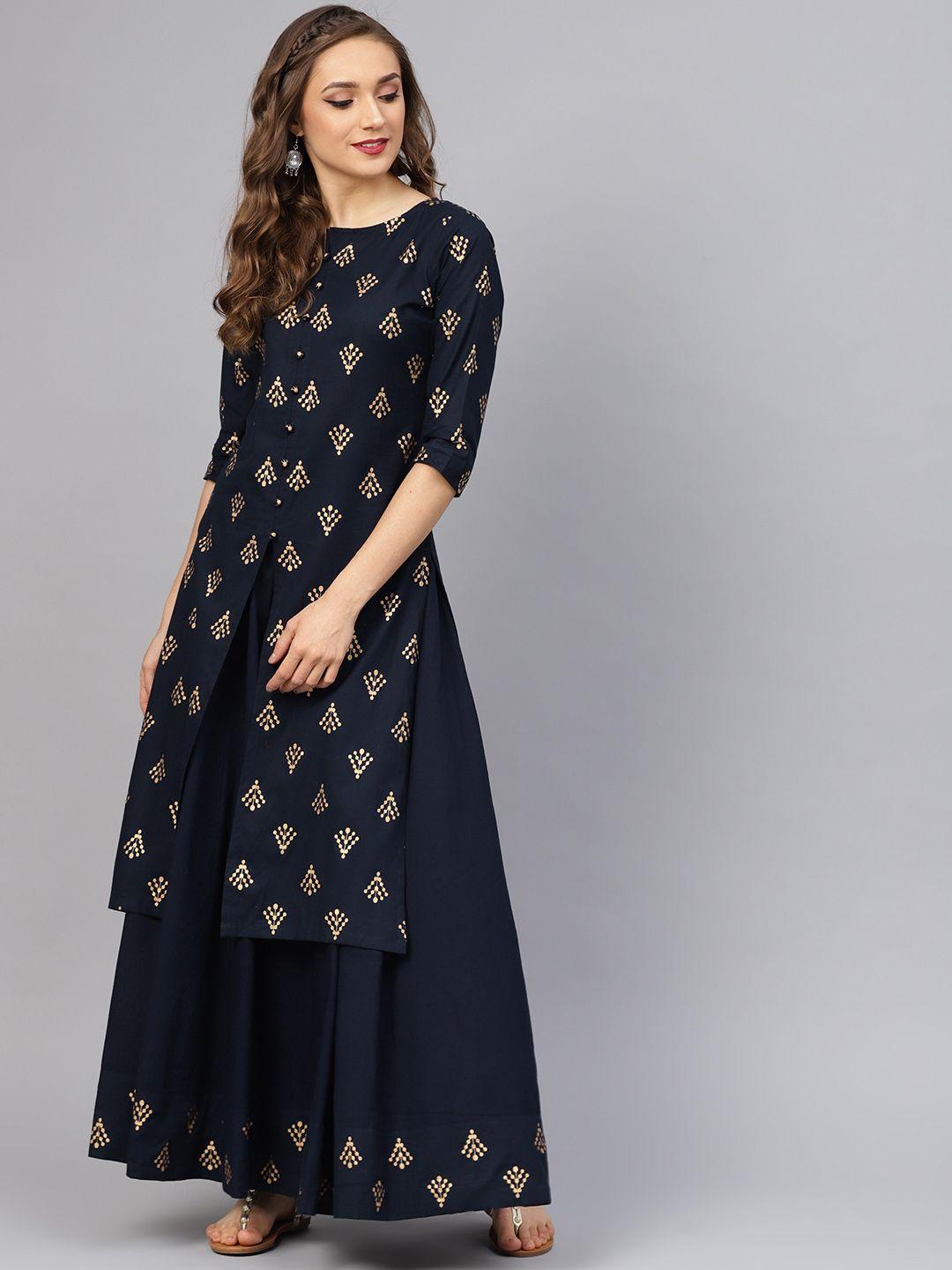 idalia women navy blue & golden printed kurta with skirt