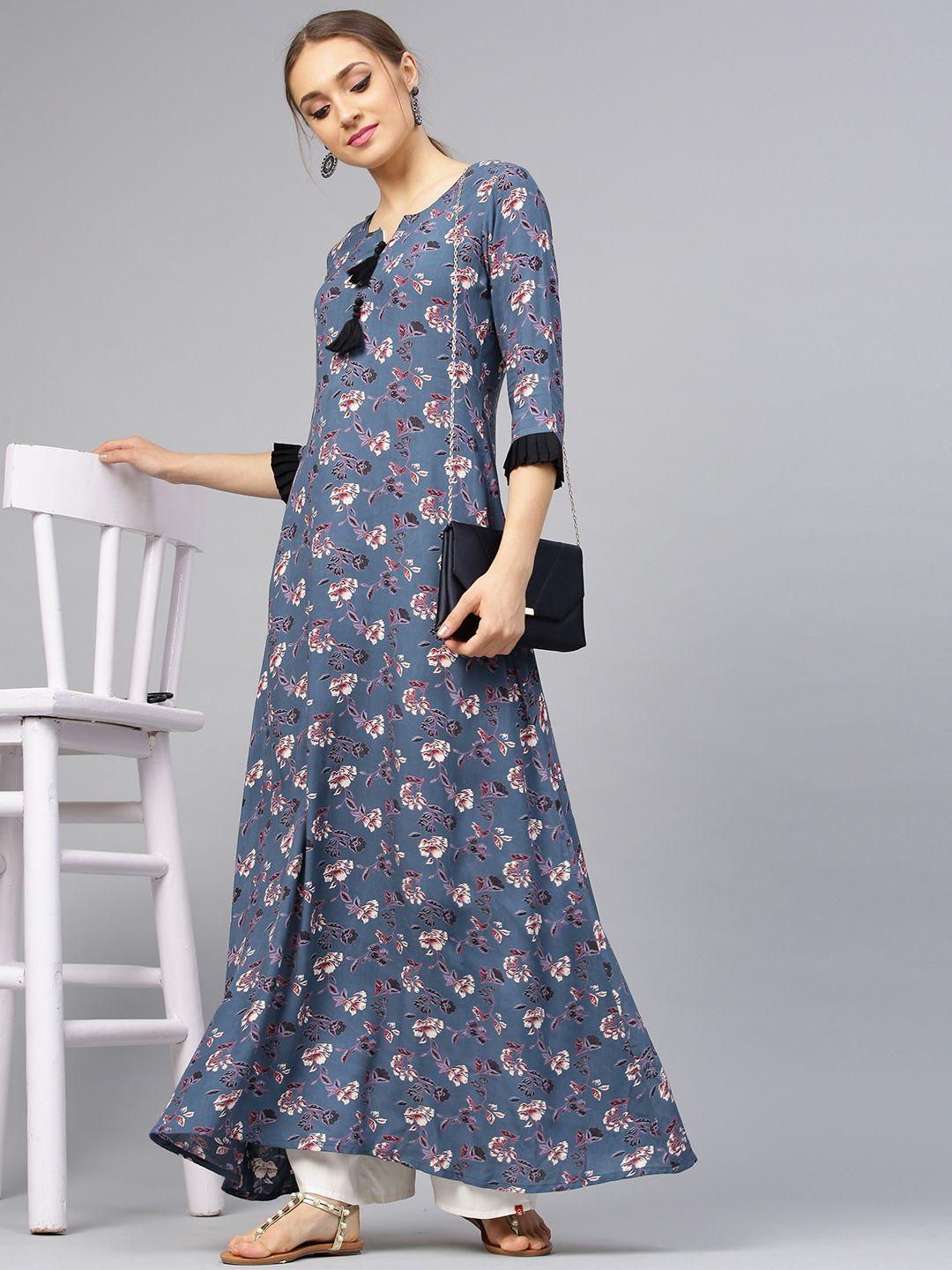 idalia women navy blue & off-white floral print a-line kurta