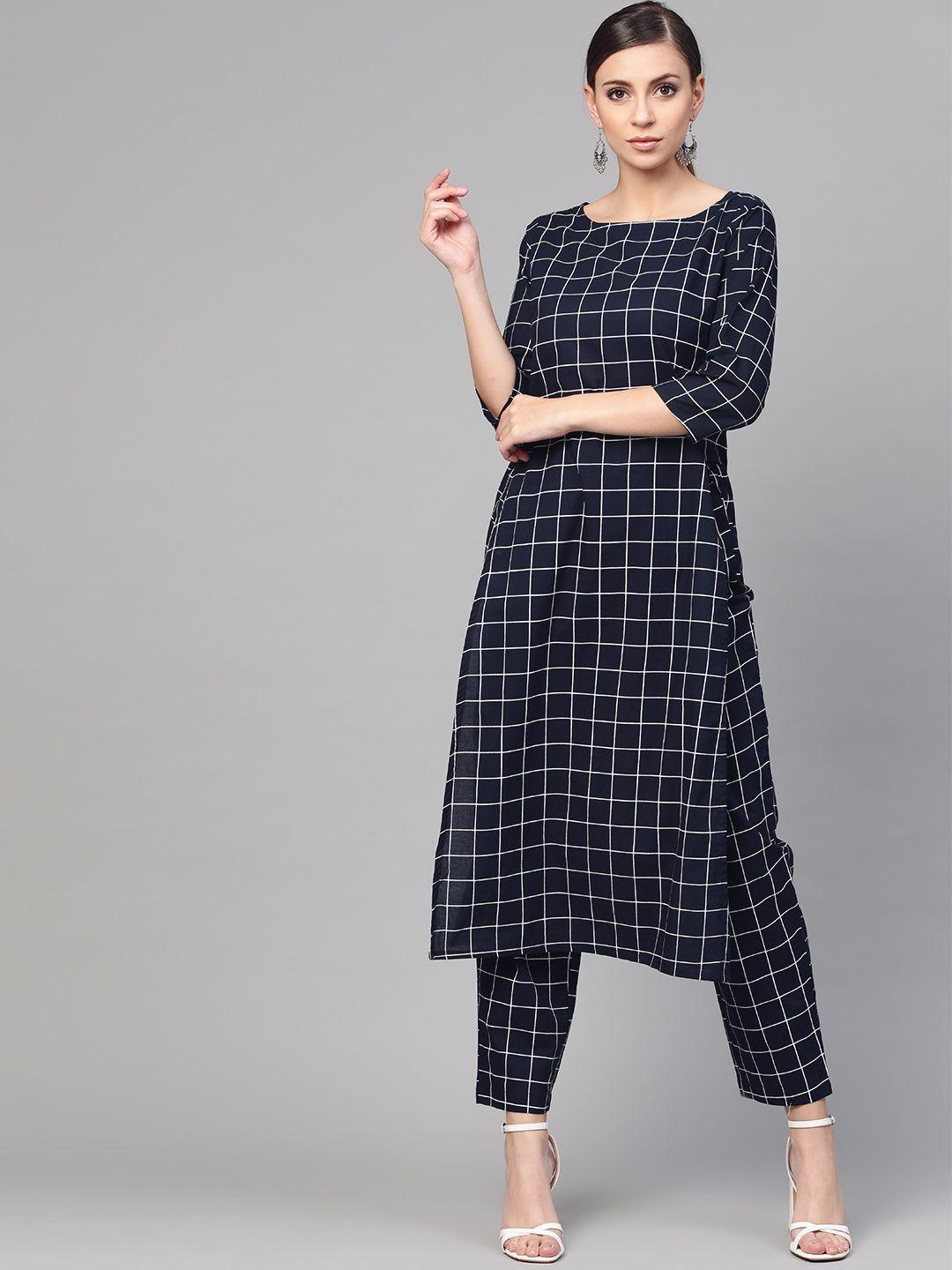 idalia women navy blue & white checked kurta with trousers