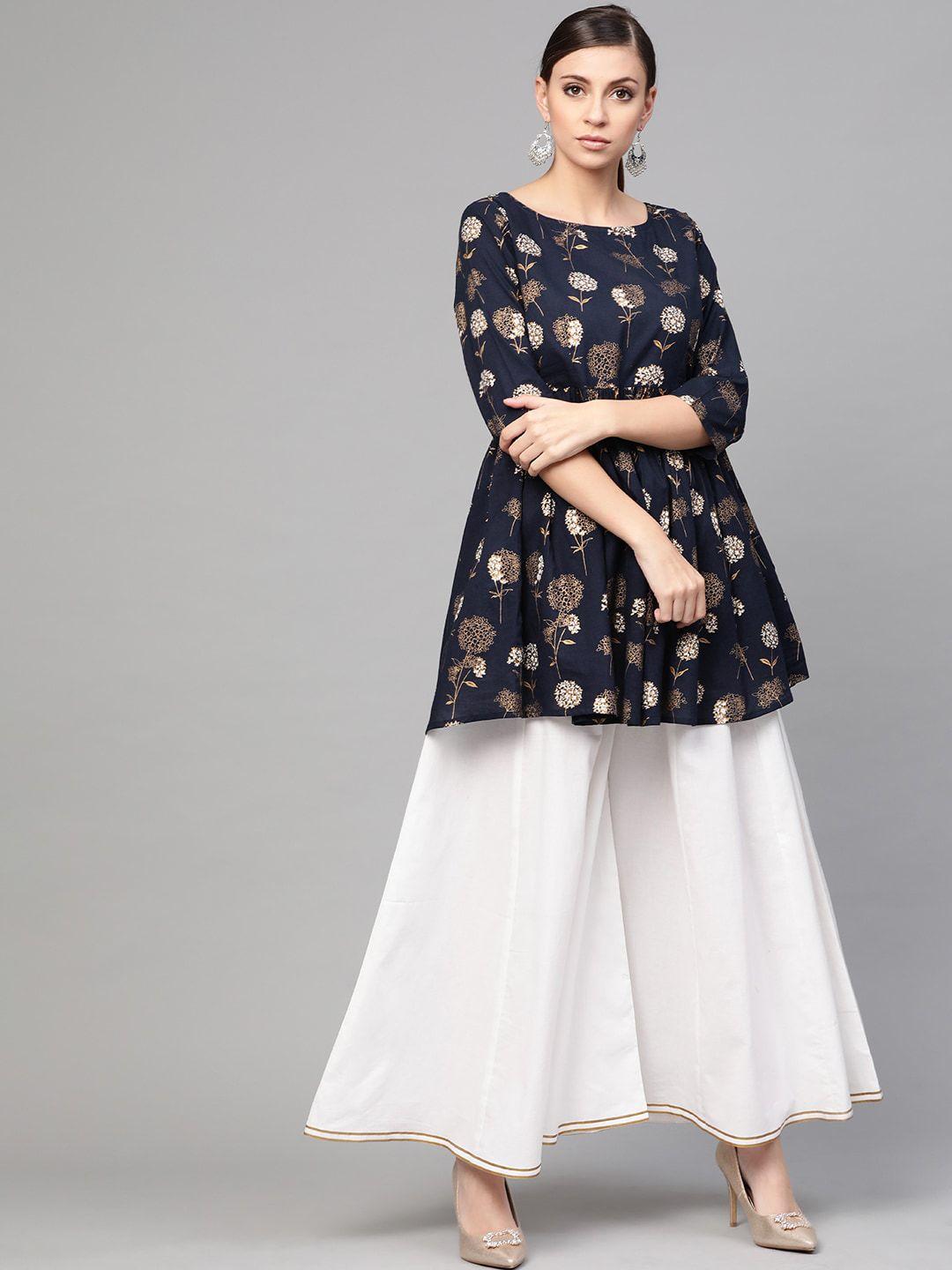 idalia women navy blue ethnic motifs pleated kurti with flared palazzo