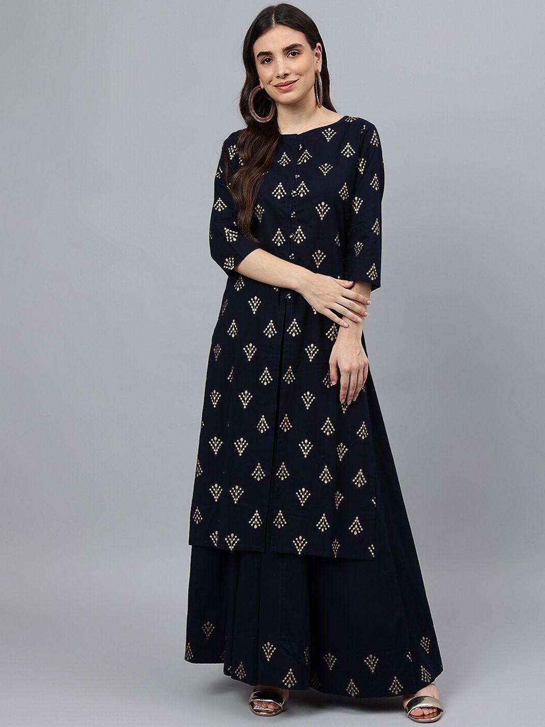 idalia women navy blue ethnic motifs printed pure cotton kurta with skirt