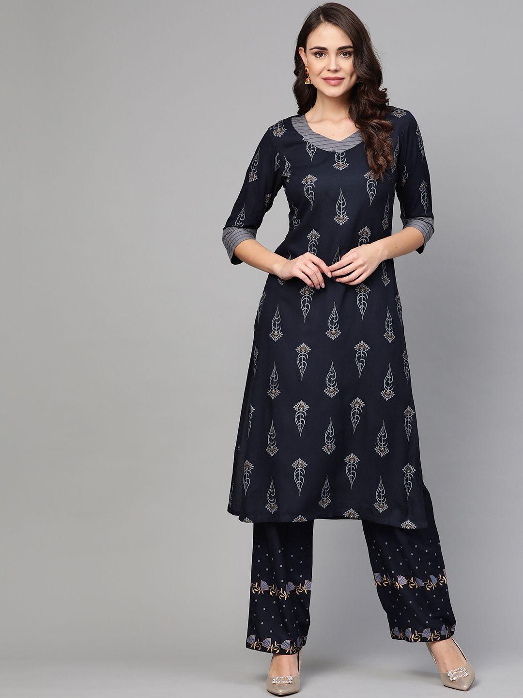 idalia women navy blue khari print kurta with palazzos