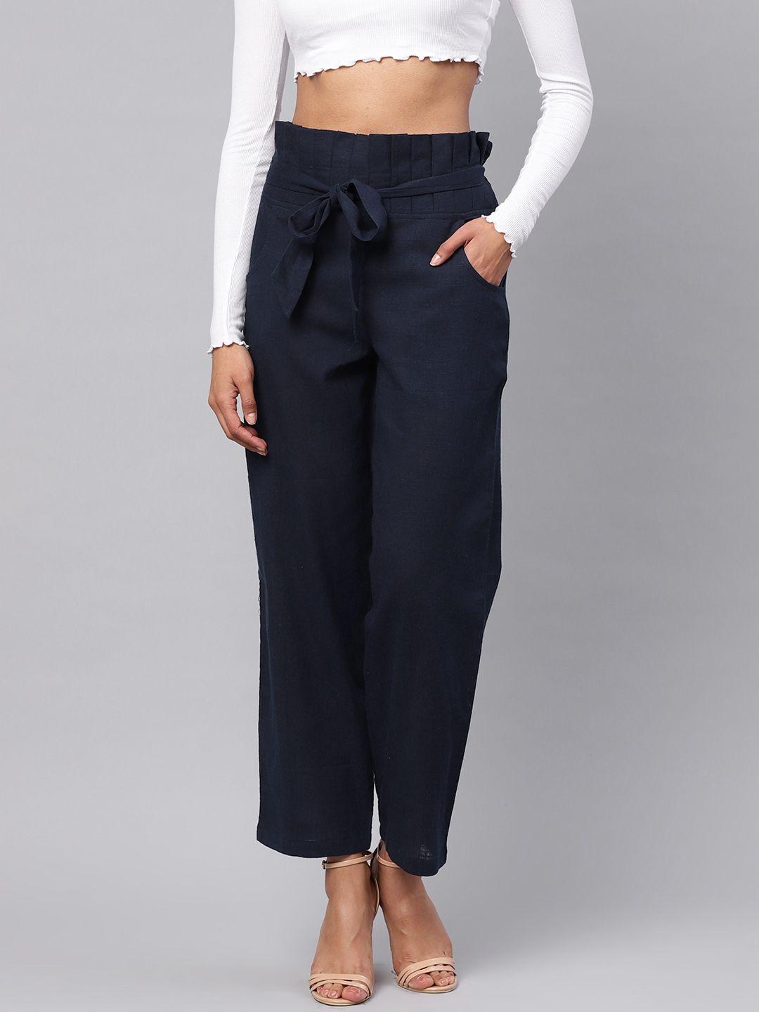 idalia women navy blue regular fit solid trousers