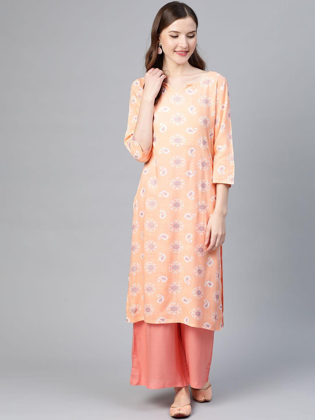 idalia women peach-coloured & coral pink printed kurta with palazzos