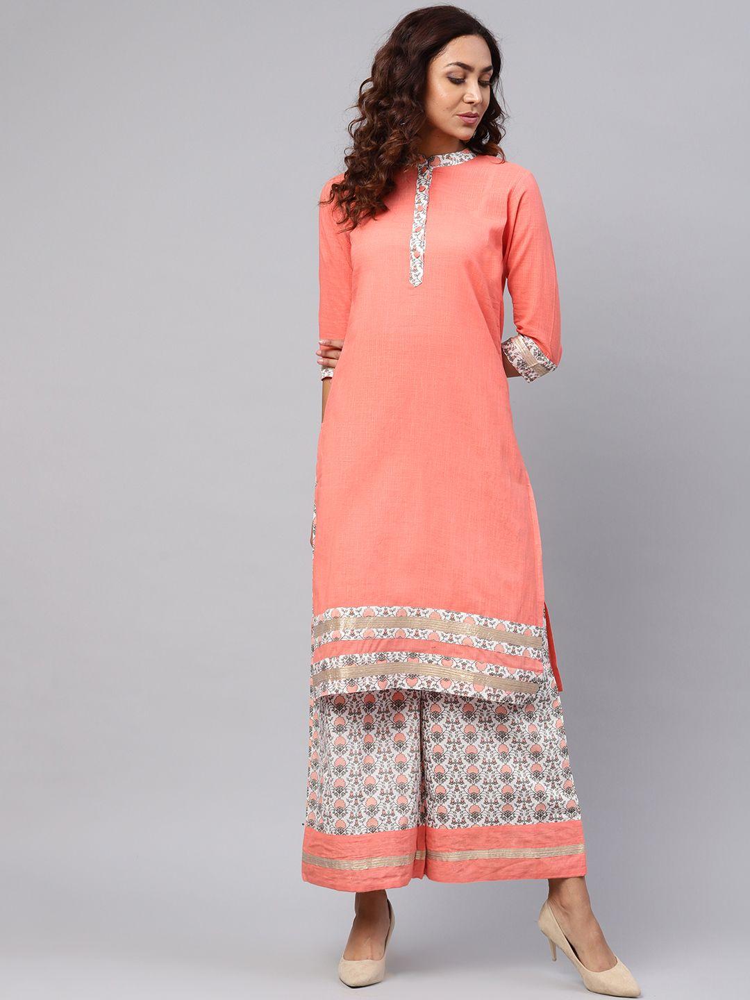 idalia women peach-coloured & white printed kurta with palazzos