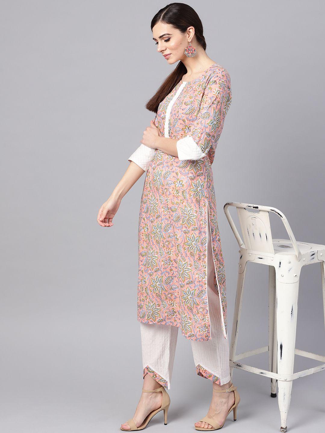 idalia women peach-coloured & white printed kurta with trousers