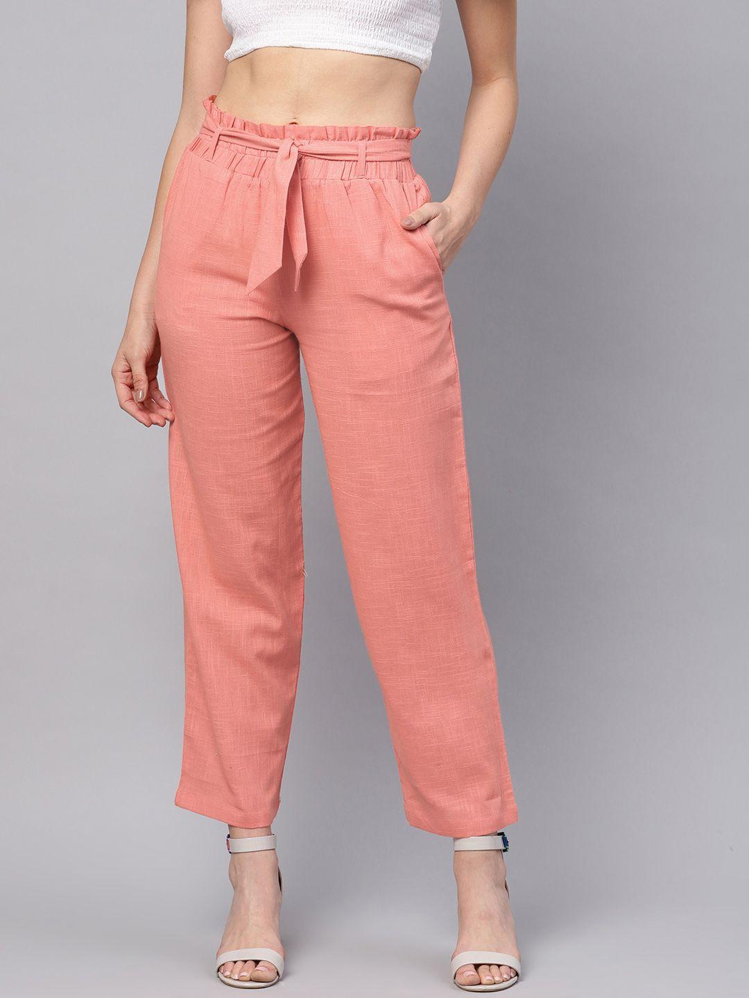 idalia women peach-coloured regular fit solid trousers