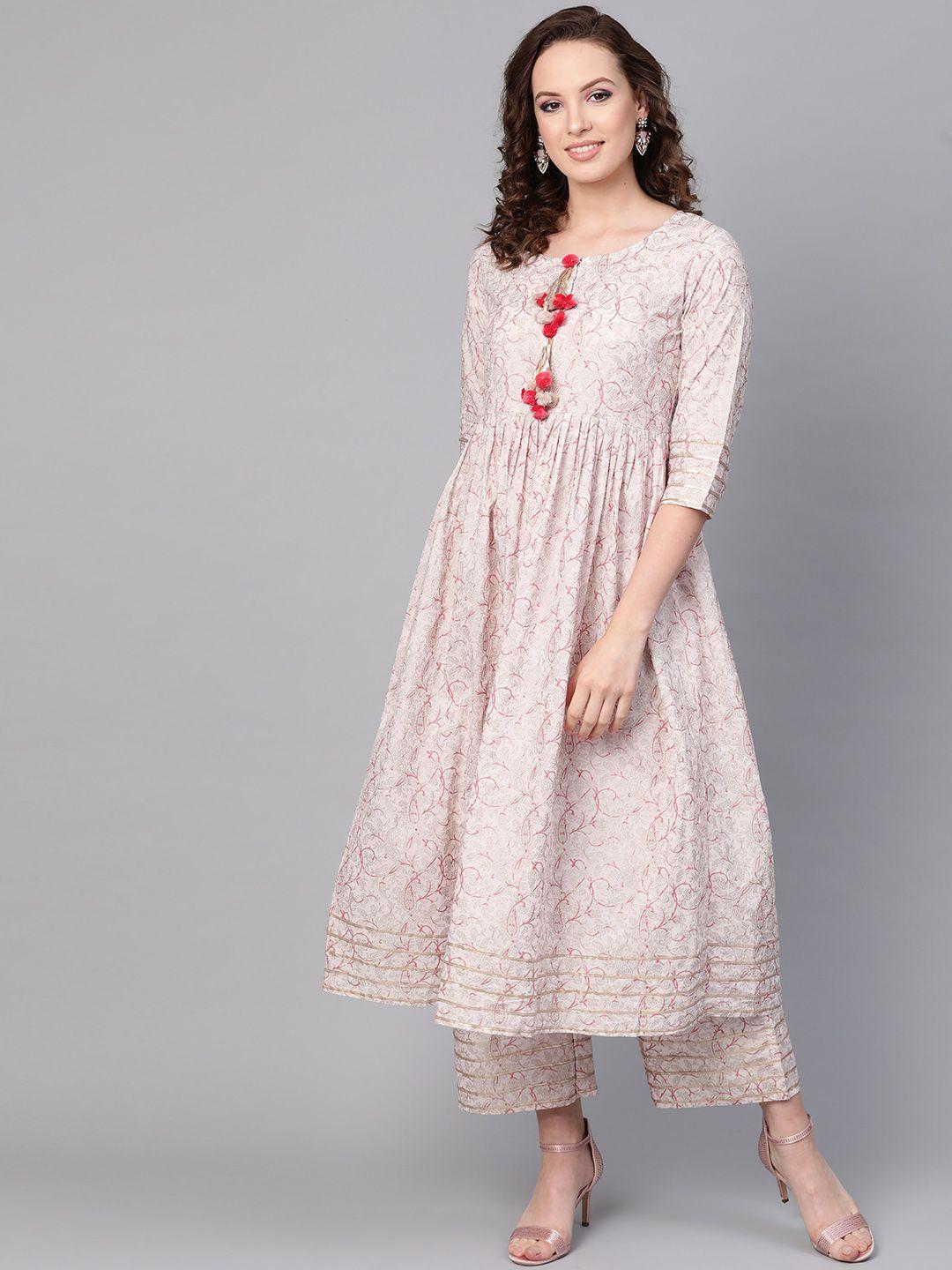 idalia women pink & golden printed kurta with palazzos