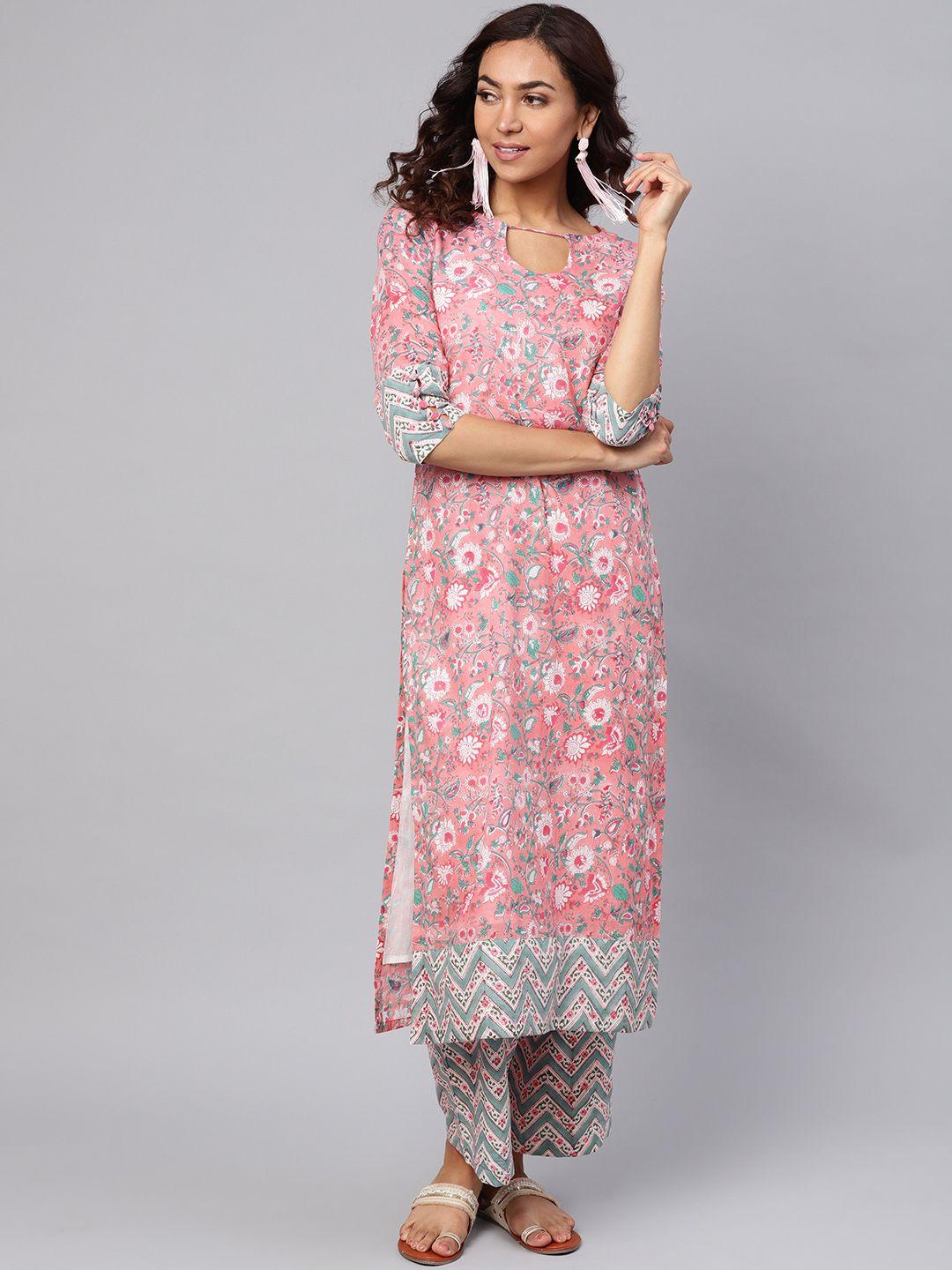 idalia women pink & mint green printed kurta with palazzos