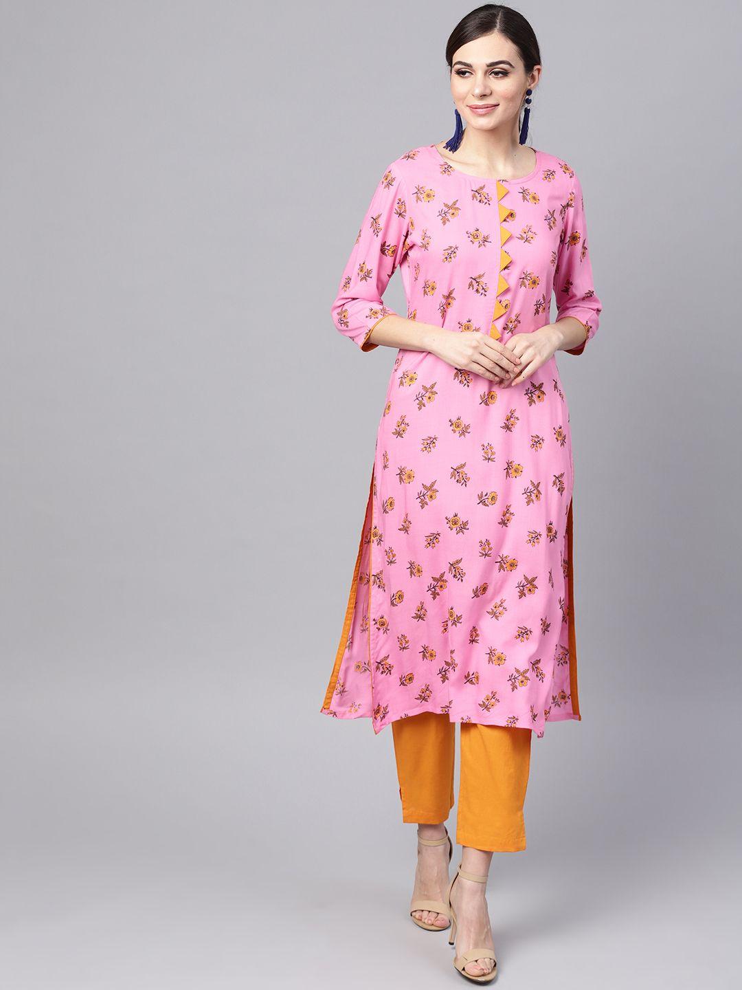 idalia women pink & mustard yellow printed kurta with trousers