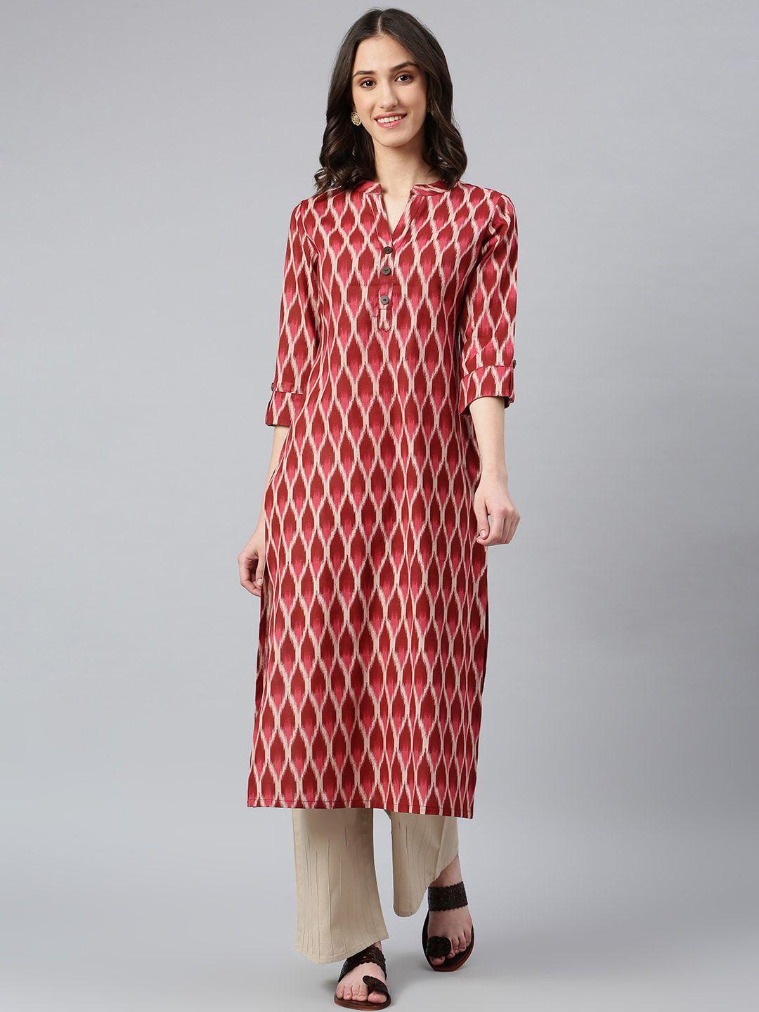 idalia women red geometric printed keyhole neck kurta