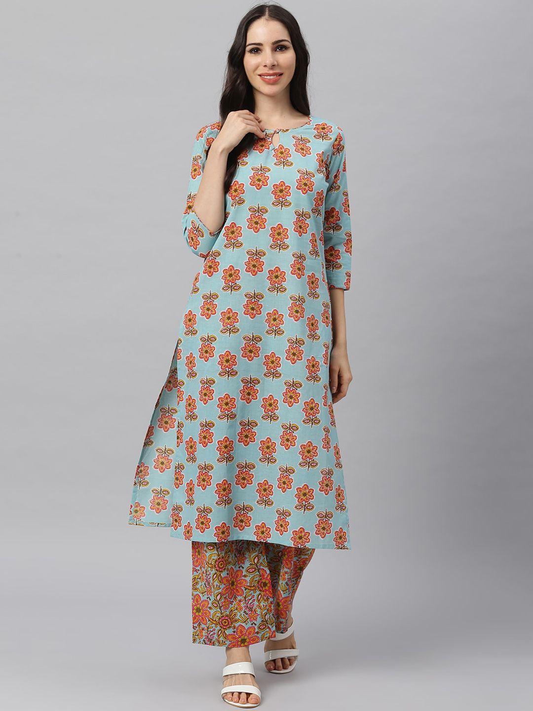 idalia women sea green floral printed kurta with palazzos