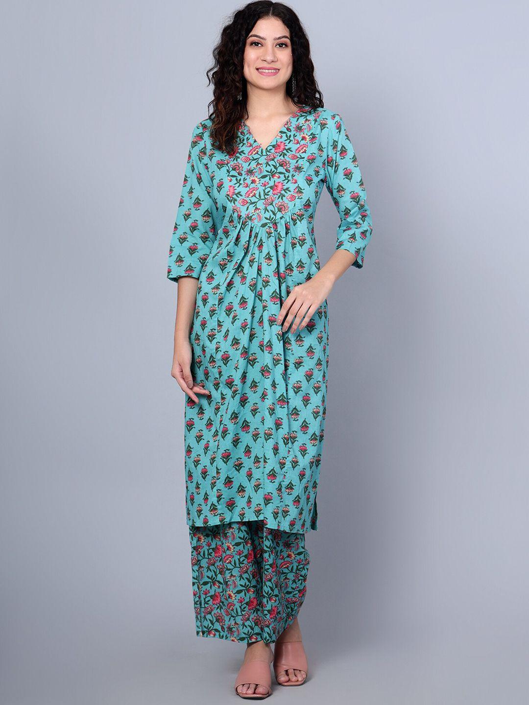 idalia women teal floral printed regular pure cotton kurta with palazzos