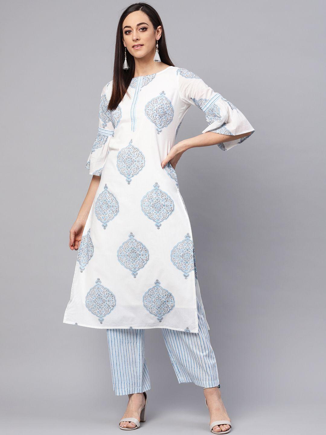 idalia women white & blue printed kurta with palazzos