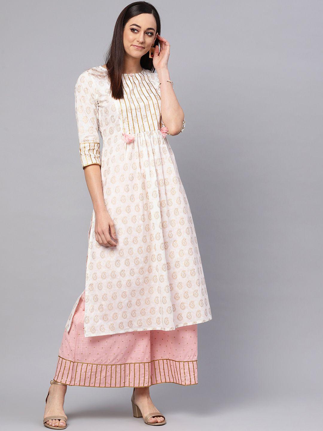 idalia women white & pink printed kurta with palazzos